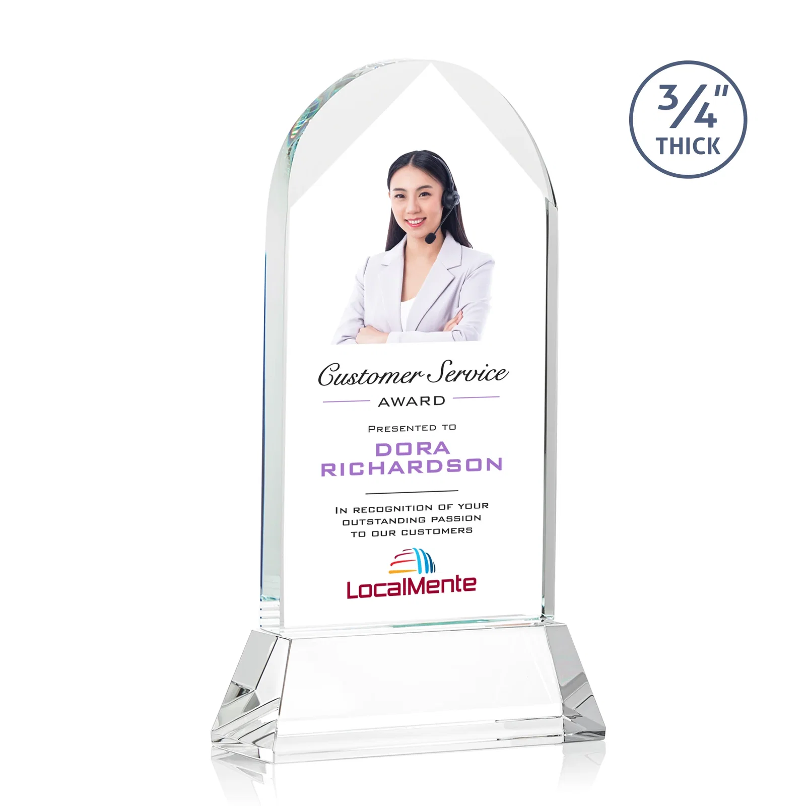Promotional Starfire Crystal Arch Award, Tall Tapered Base, Prismatic Finish, awards for company anniversary events