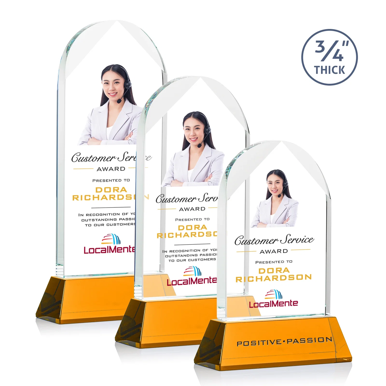 Branded Starfire Crystal Arch Award, Tall Tapered Base, Prismatic Finish, awards for employee recognition