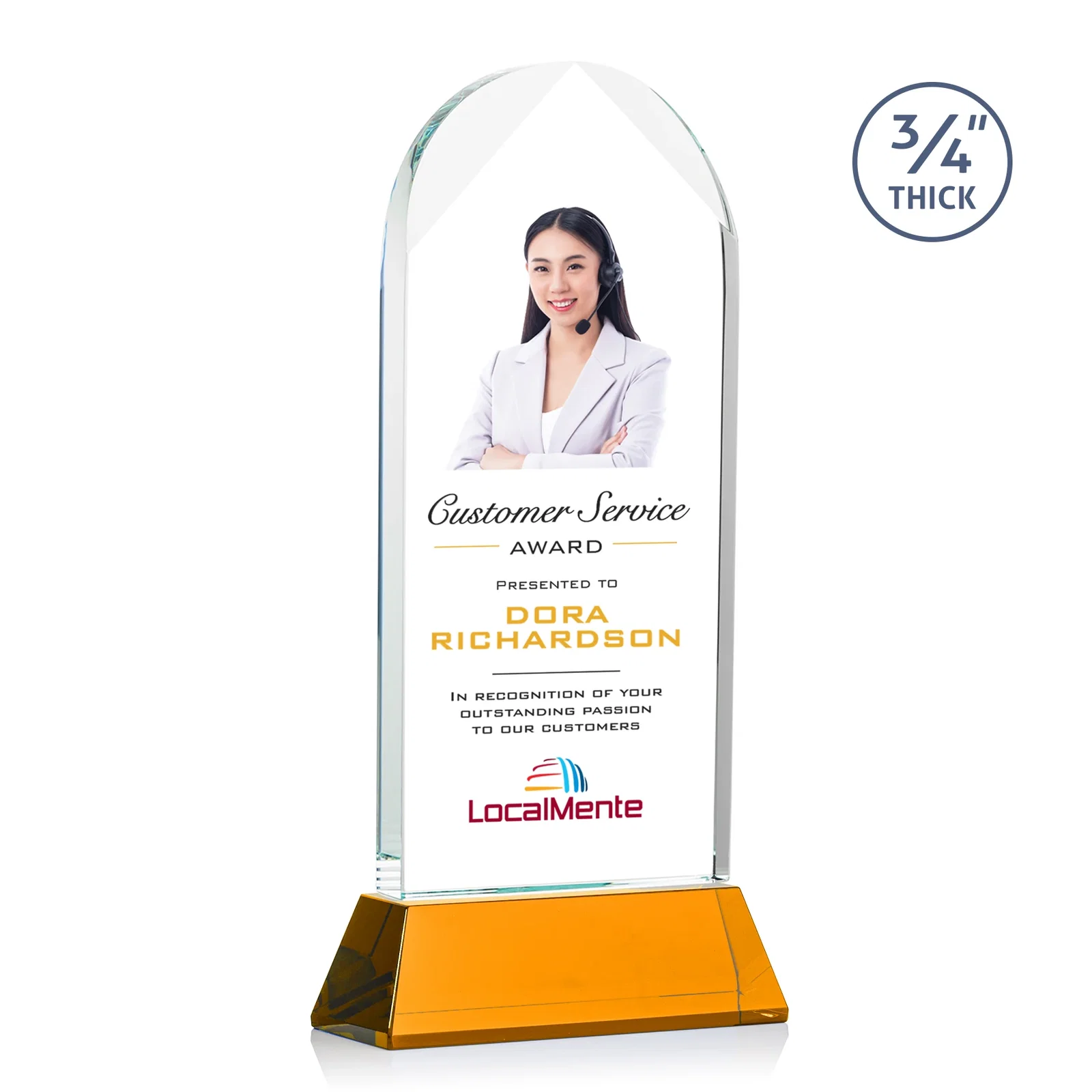 Branded Starfire Crystal Arch Award, Tall Tapered Base, Prismatic Finish, awards for corporate award ceremonies