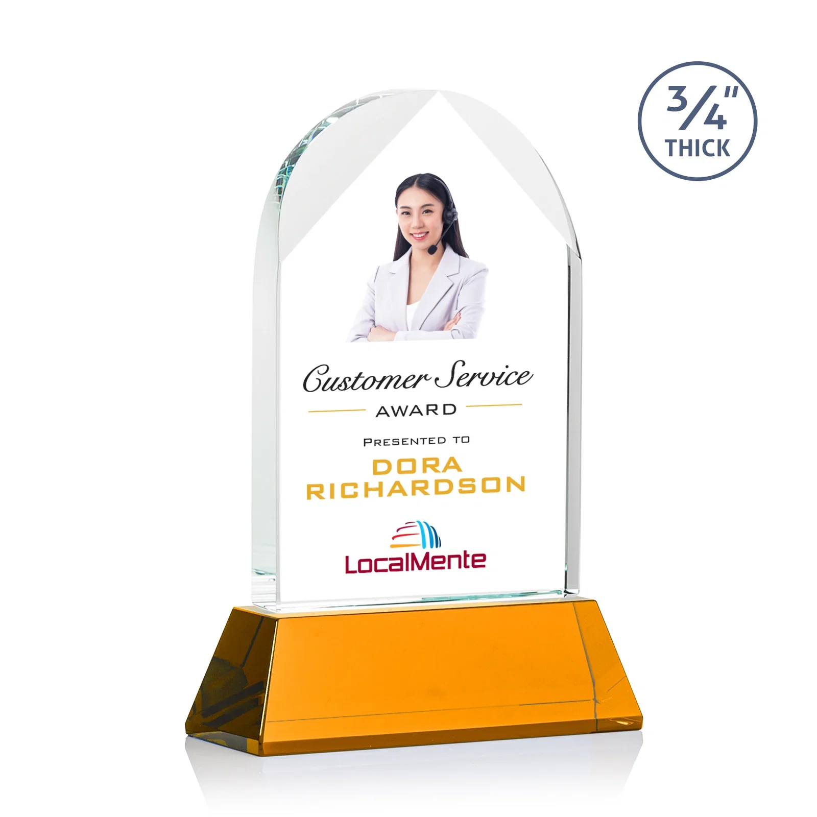Branded Starfire Crystal Arch Award, Tall Tapered Base, Prismatic Finish, awards for service anniversary gifts
