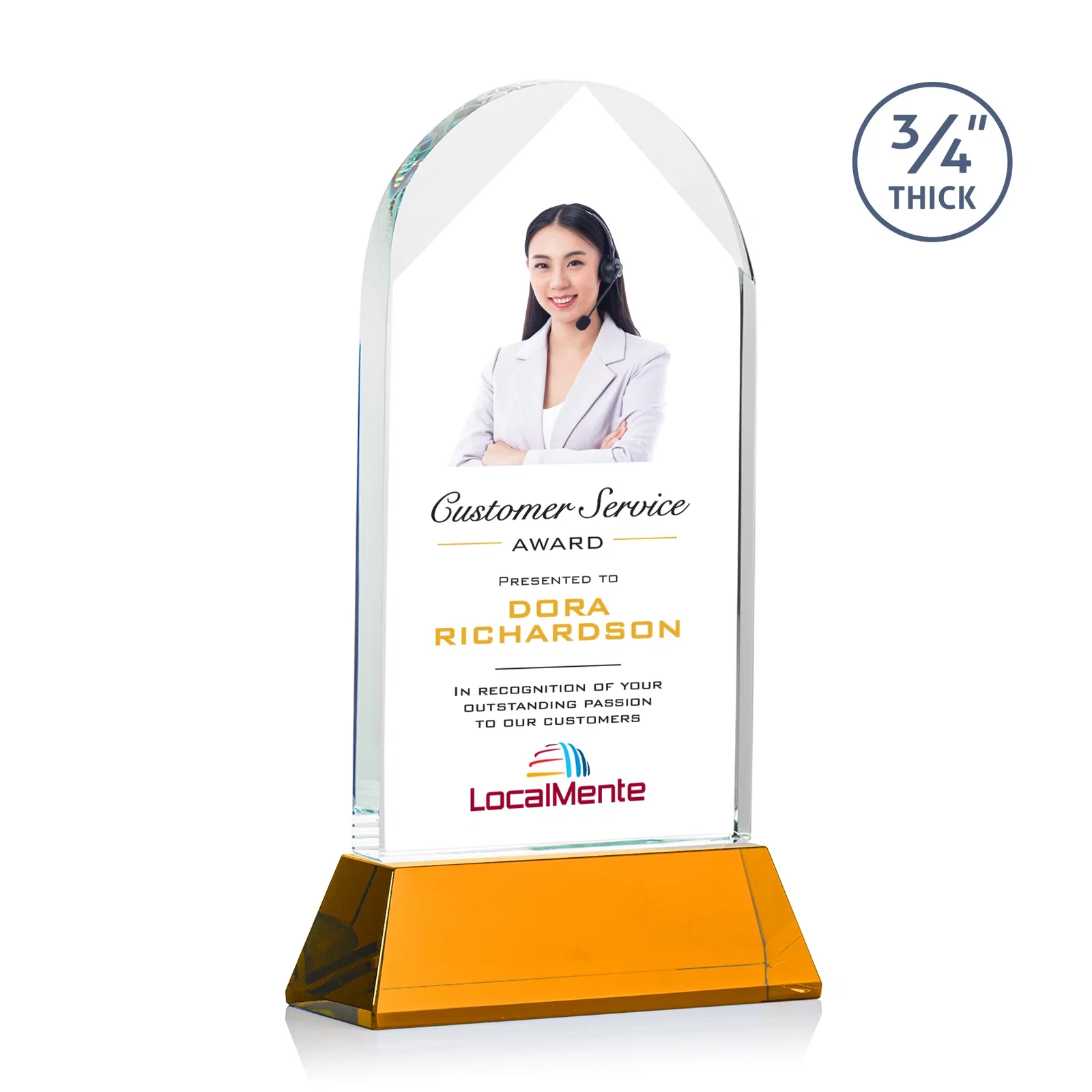 Branded Starfire Crystal Arch Award, Tall Tapered Base, Prismatic Finish, awards for sales achievement awards