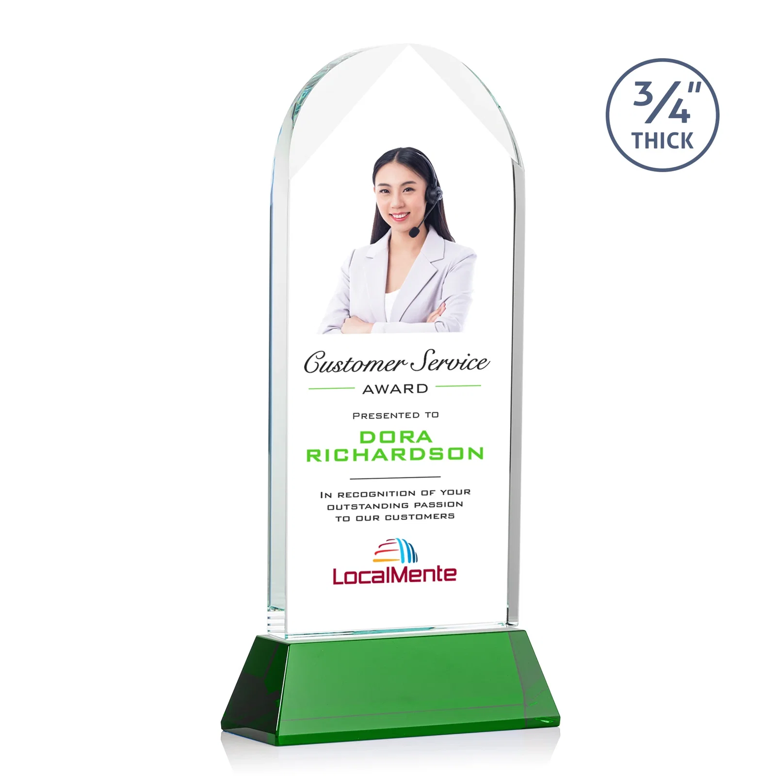 Branded Starfire Crystal Arch Award, Tall Tapered Base, Prismatic Finish, awards for team milestone celebrations
