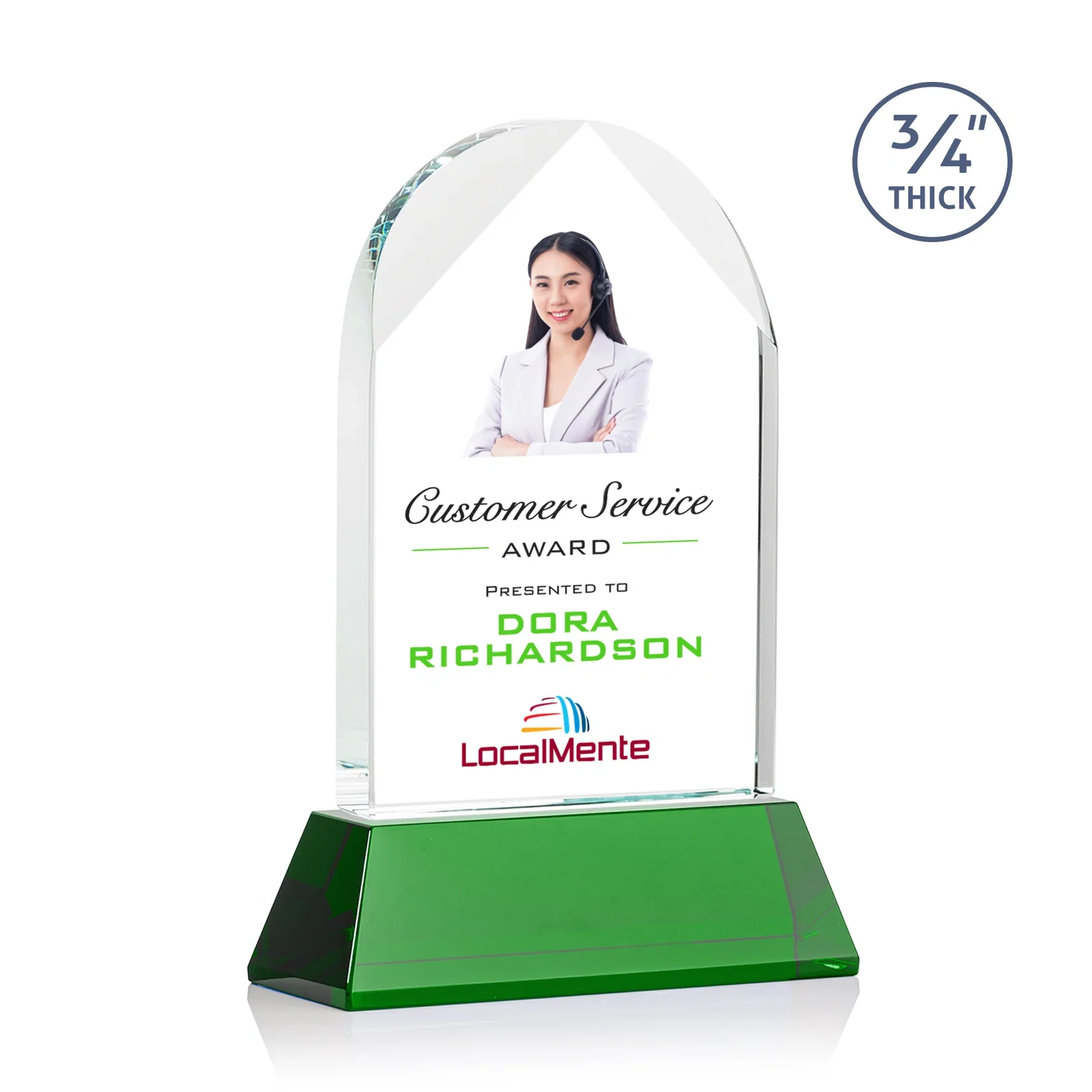Branded Starfire Crystal Arch Award, Tall Tapered Base, Prismatic Finish, awards for donor appreciation