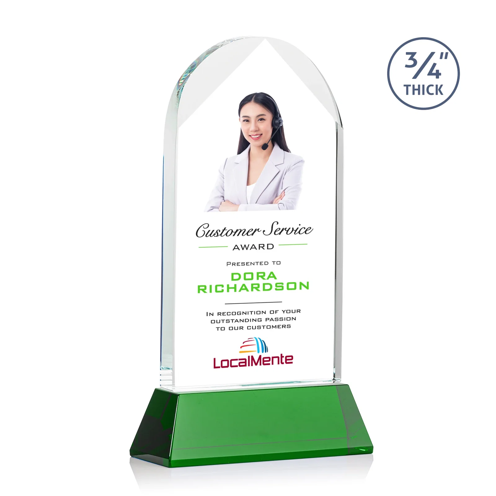 Branded Starfire Crystal Arch Award, Tall Tapered Base, Prismatic Finish, awards for graduation ceremonies