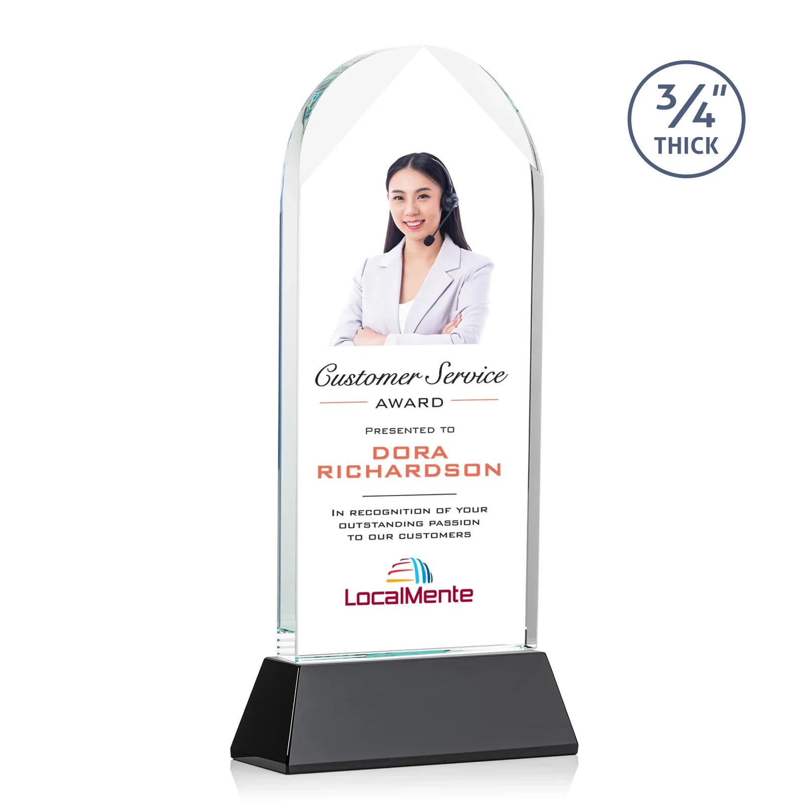 Branded Starfire Crystal Arch Award, Tall Tapered Base, Prismatic Finish, awards for volunteer appreciation