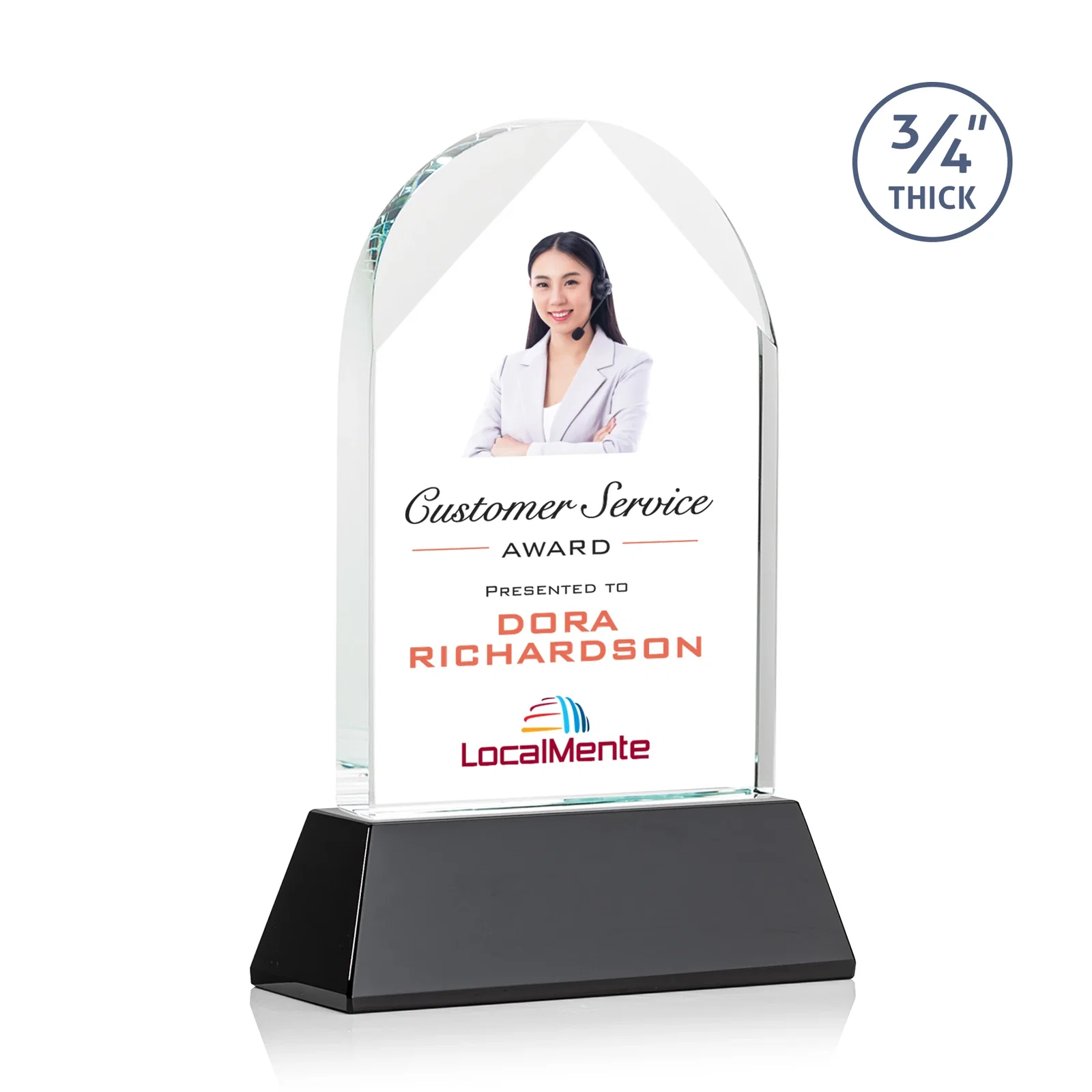 Branded Starfire Crystal Arch Award, Tall Tapered Base, Prismatic Finish, awards for dealer and partner awards