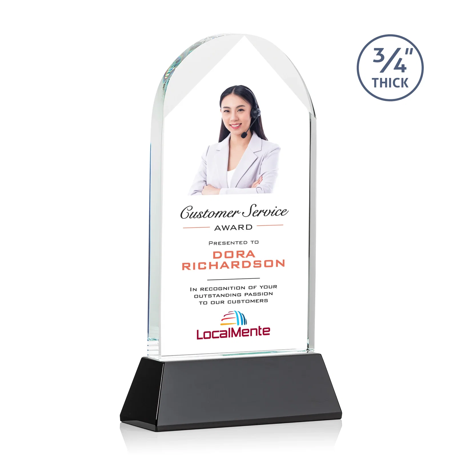 Branded Starfire Crystal Arch Award, Tall Tapered Base, Prismatic Finish, awards for company anniversary events