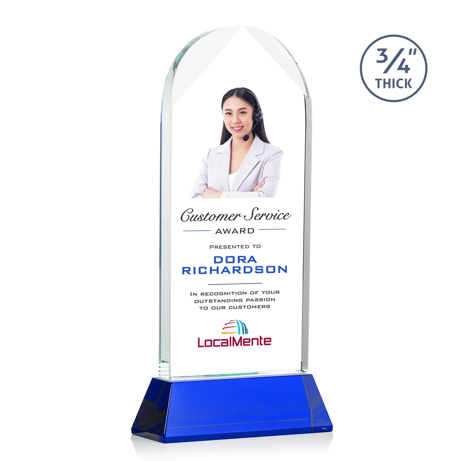 Custom printed Starfire Crystal Arch Award, Tall Tapered Base, Prismatic Finish, awards for corporate award ceremonies