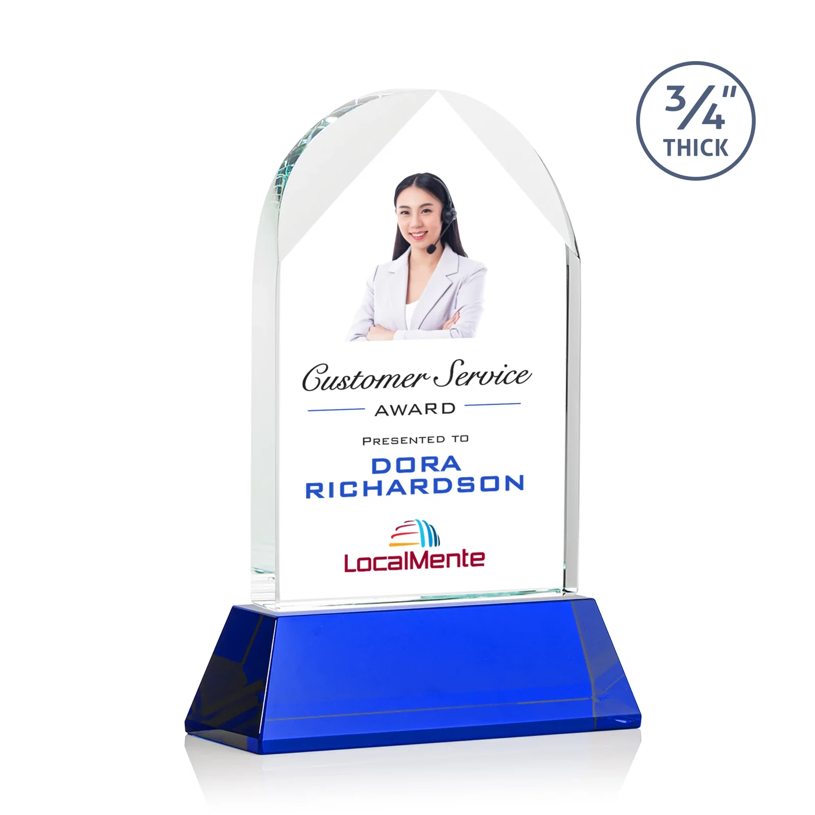 Custom printed Starfire Crystal Arch Award, Tall Tapered Base, Prismatic Finish, awards for service anniversary gifts