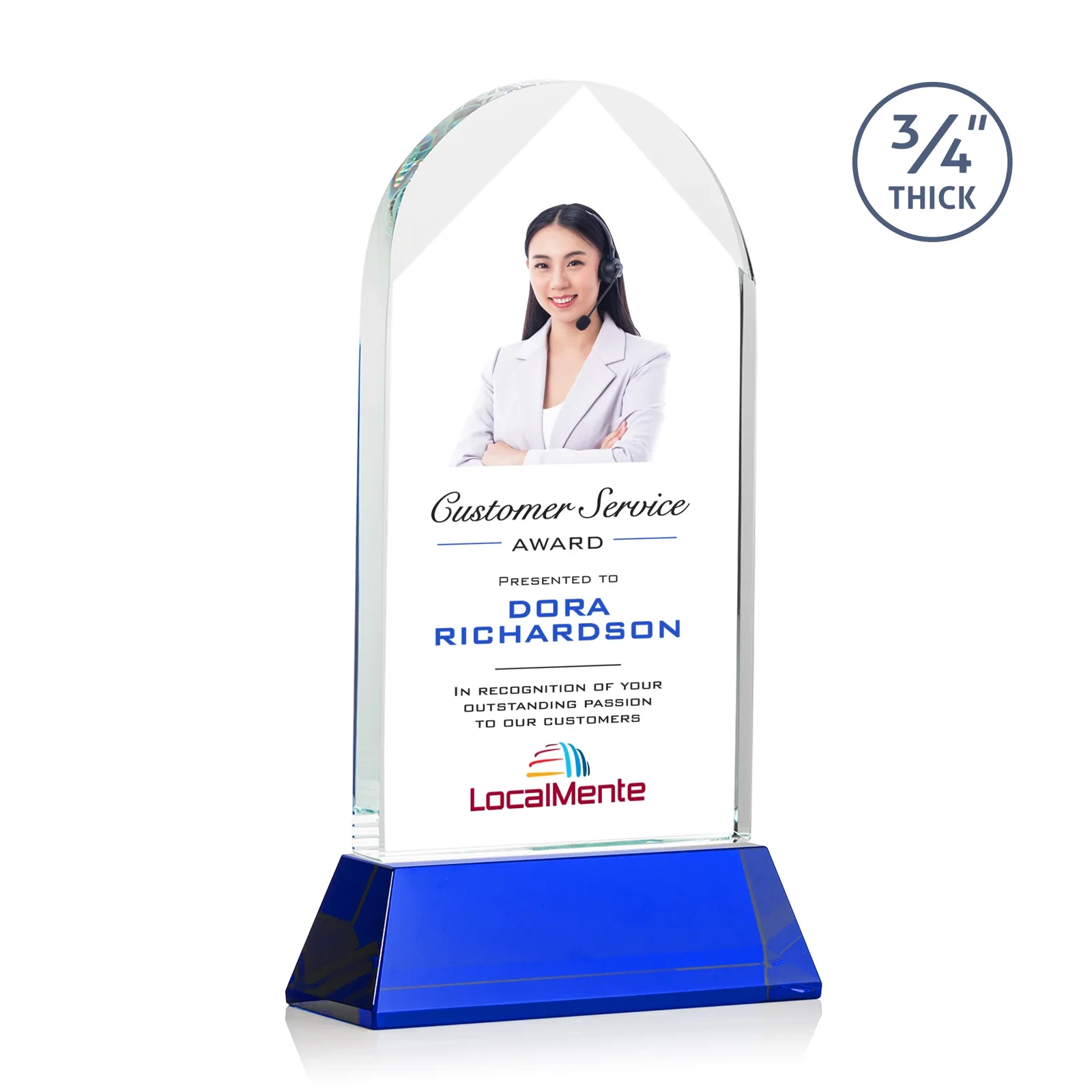 Custom printed Starfire Crystal Arch Award, Tall Tapered Base, Prismatic Finish, awards for sales achievement awards
