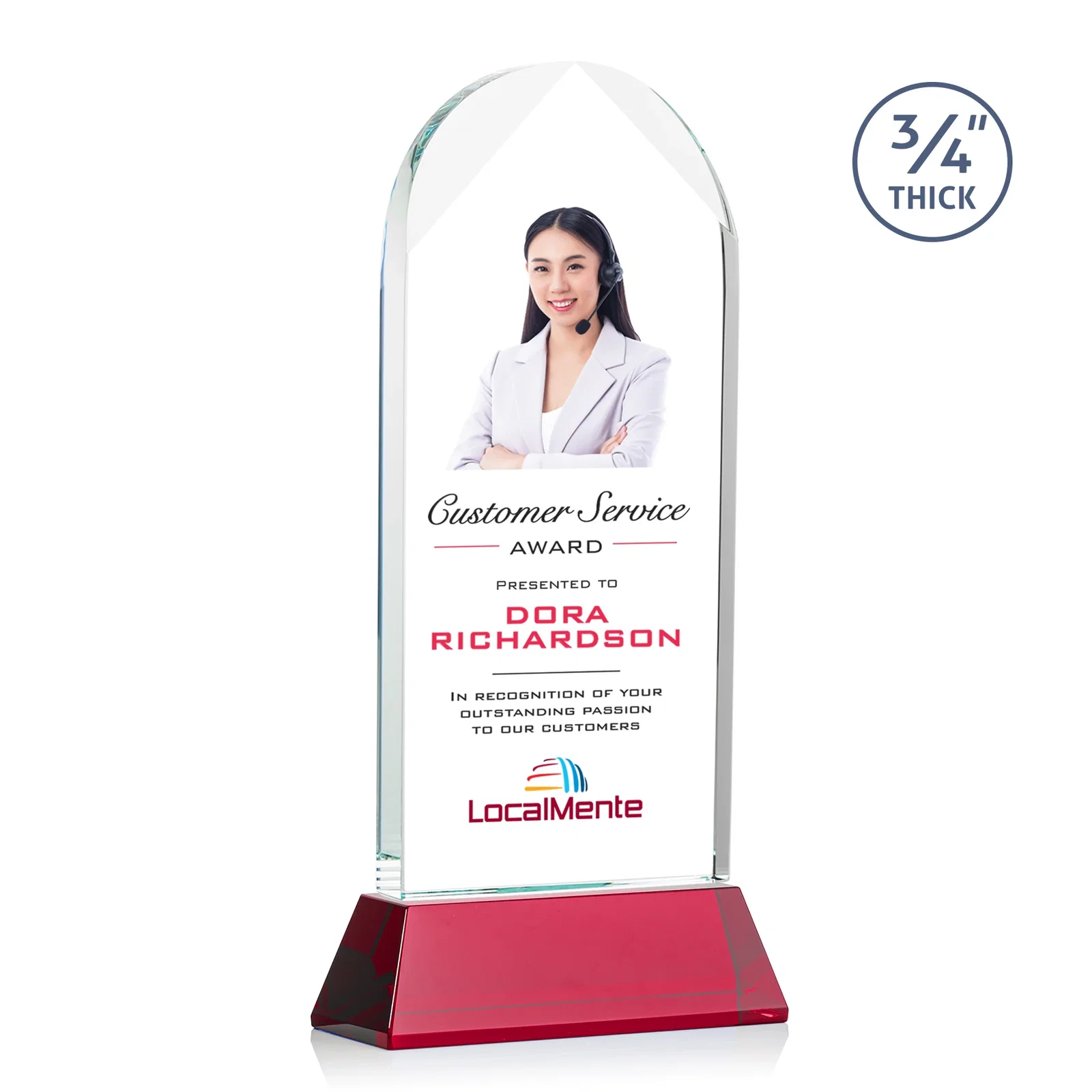 Custom printed Starfire Crystal Arch Award, Tall Tapered Base, Prismatic Finish, awards for team milestone celebrations