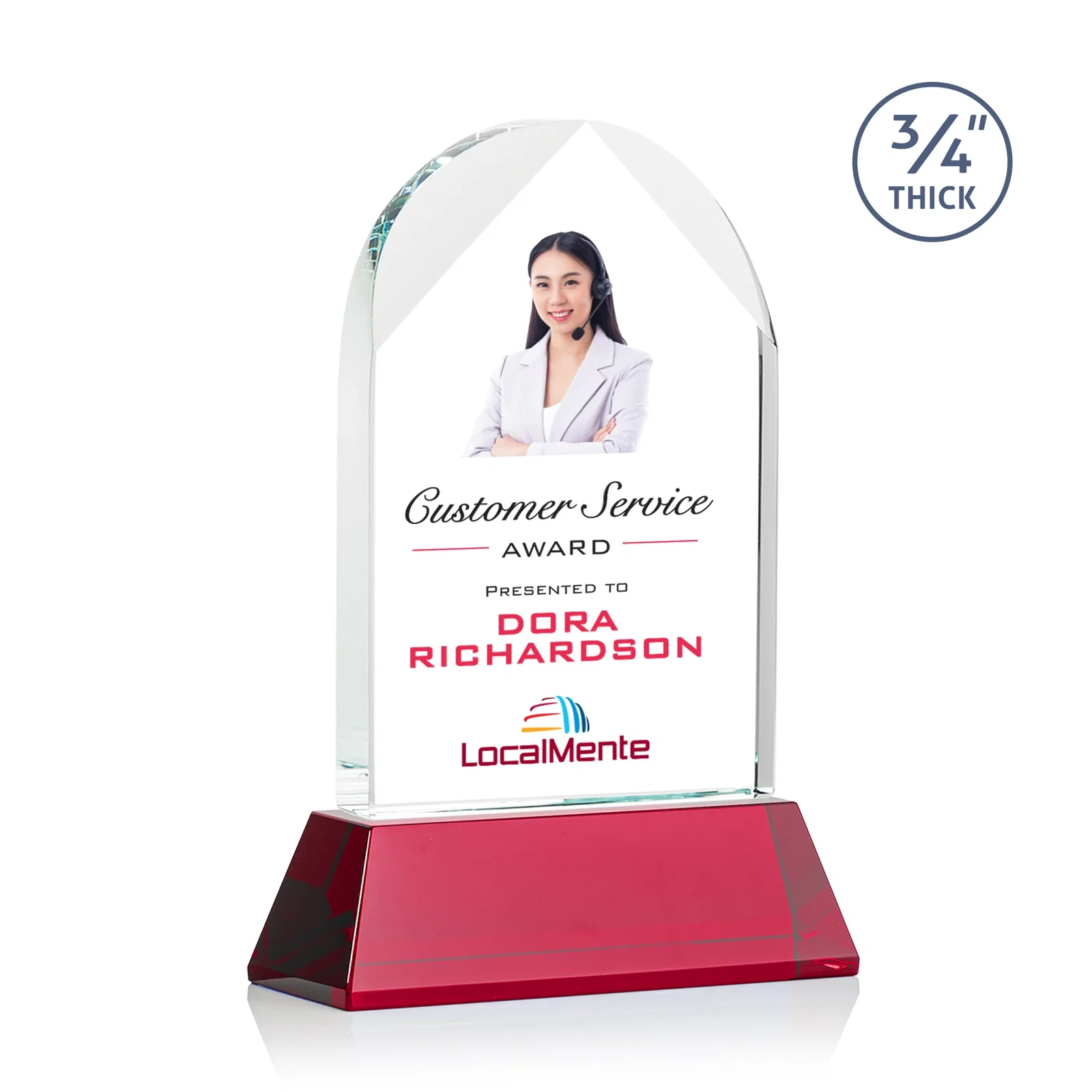 Custom printed Starfire Crystal Arch Award, Tall Tapered Base, Prismatic Finish, awards for donor appreciation