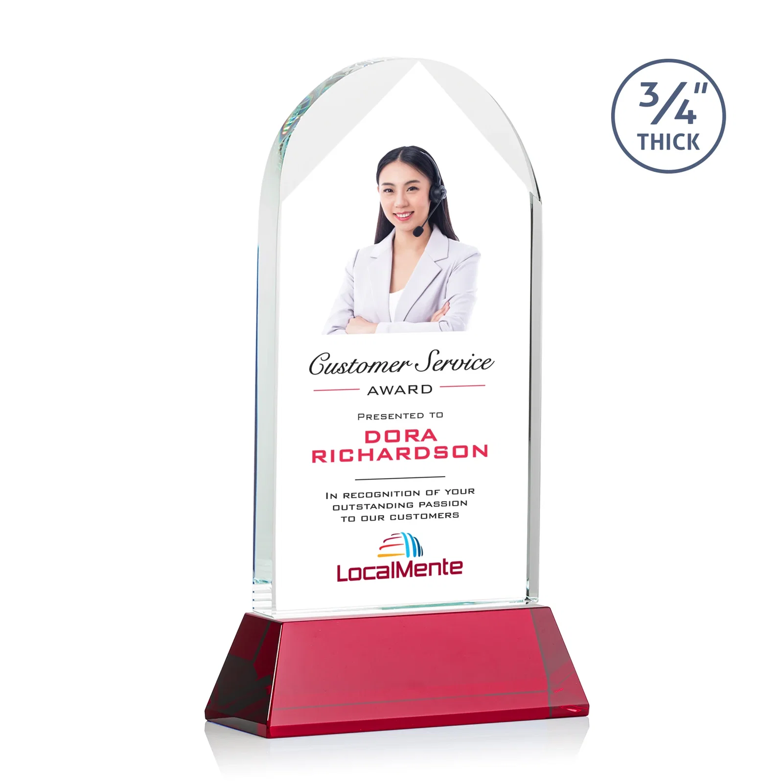 Custom printed Starfire Crystal Arch Award, Tall Tapered Base, Prismatic Finish, awards for graduation ceremonies
