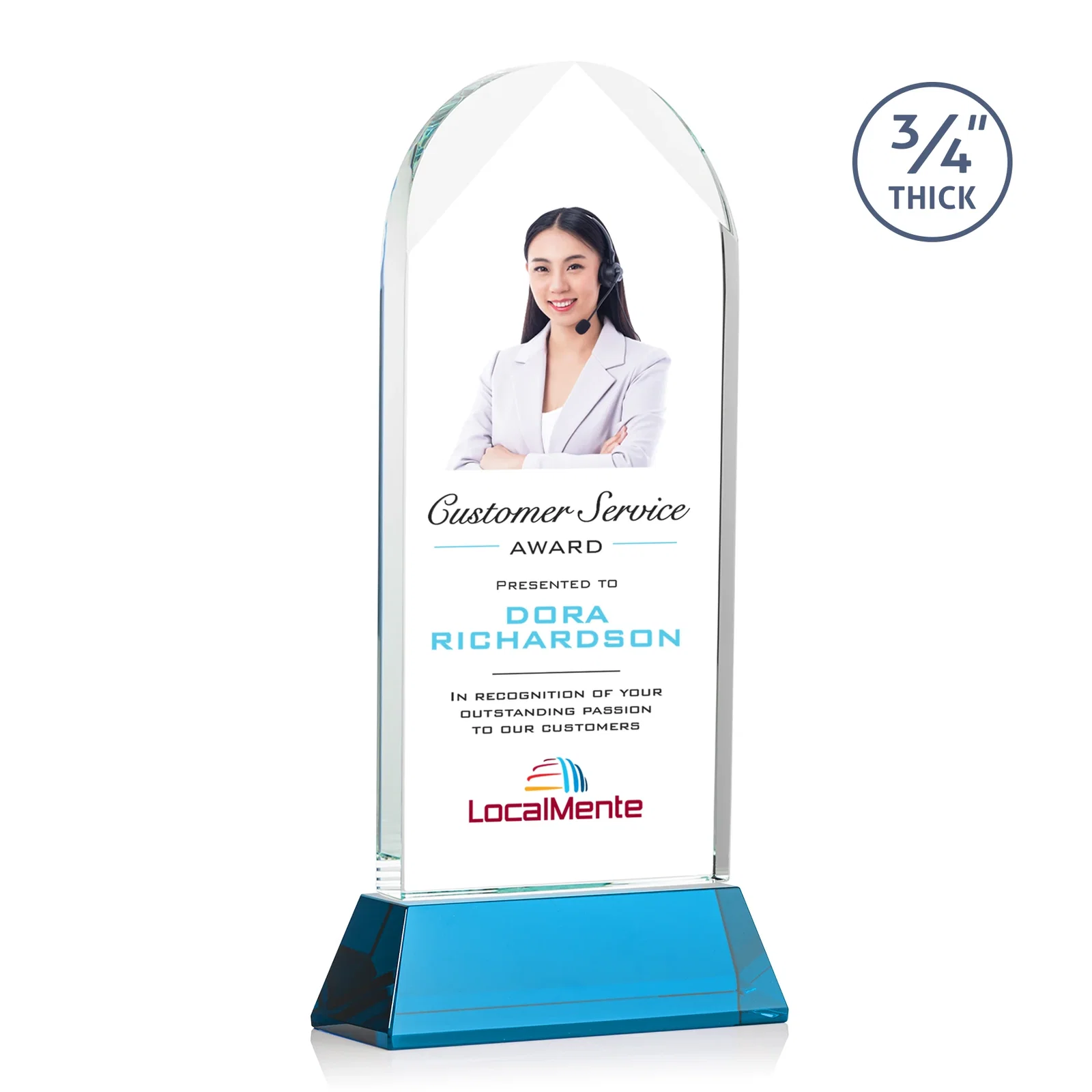 Custom printed Starfire Crystal Arch Award, Tall Tapered Base, Prismatic Finish, awards for volunteer appreciation