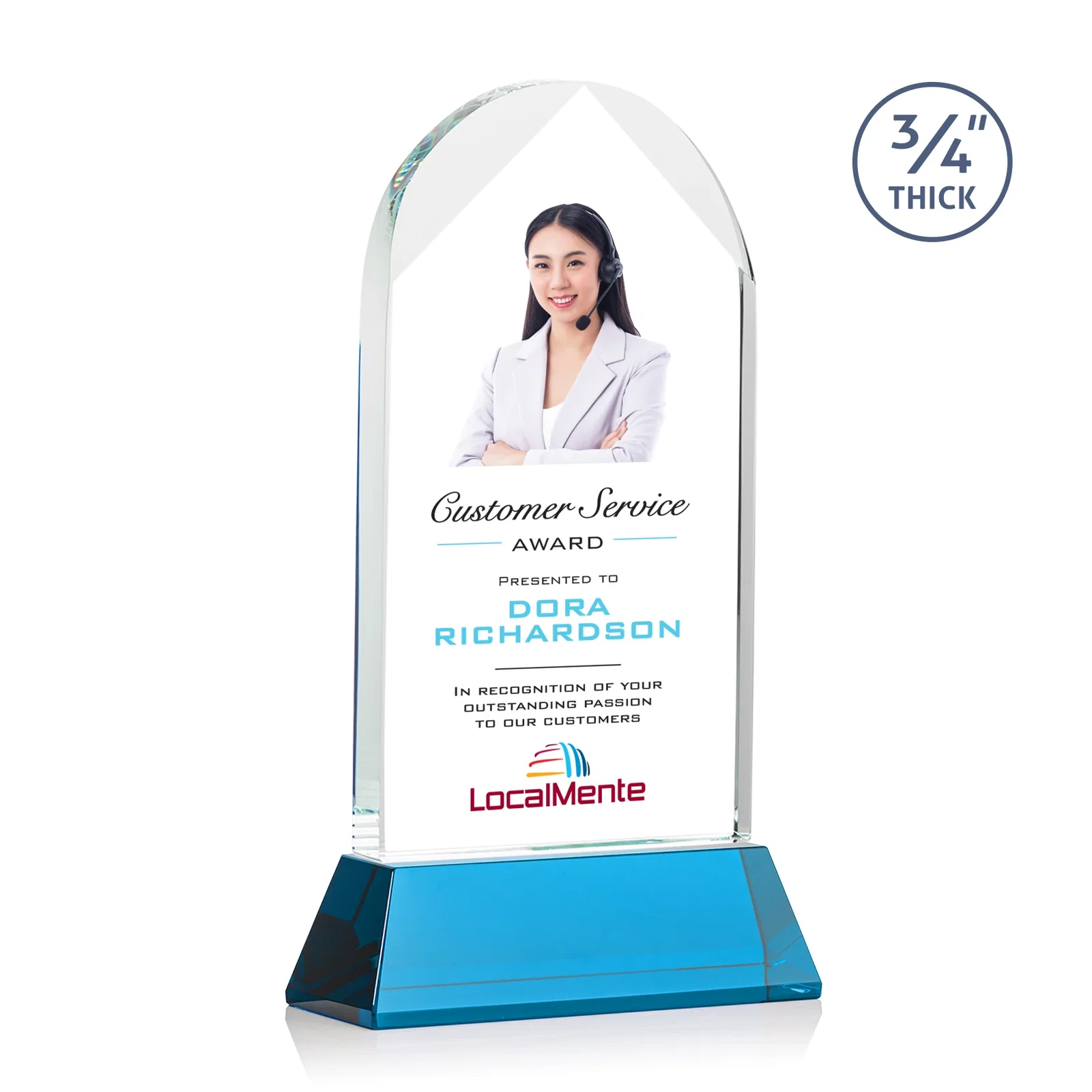Custom printed Starfire Crystal Arch Award, Tall Tapered Base, Prismatic Finish, awards for company anniversary events