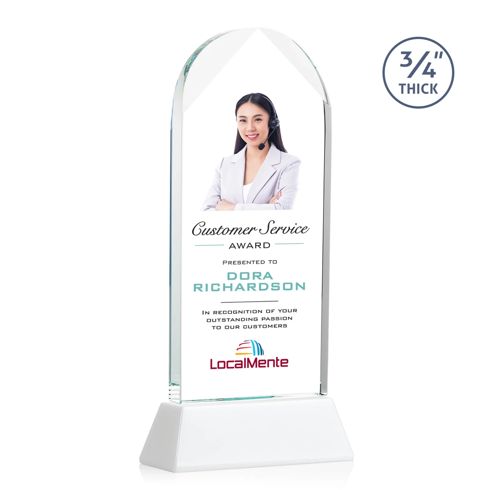 Customized Starfire Crystal Arch Award, Tall Tapered Base, Prismatic Finish, awards for corporate award ceremonies