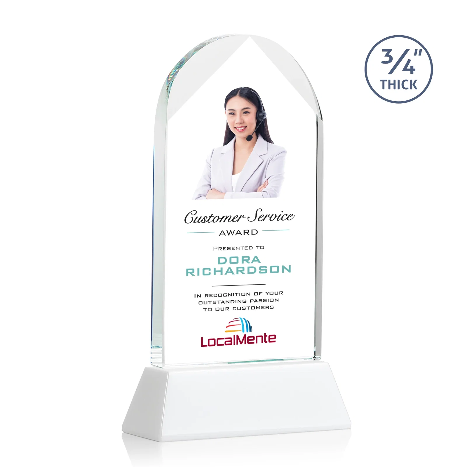 Customized Starfire Crystal Arch Award, Tall Tapered Base, Prismatic Finish, awards for sales achievement awards