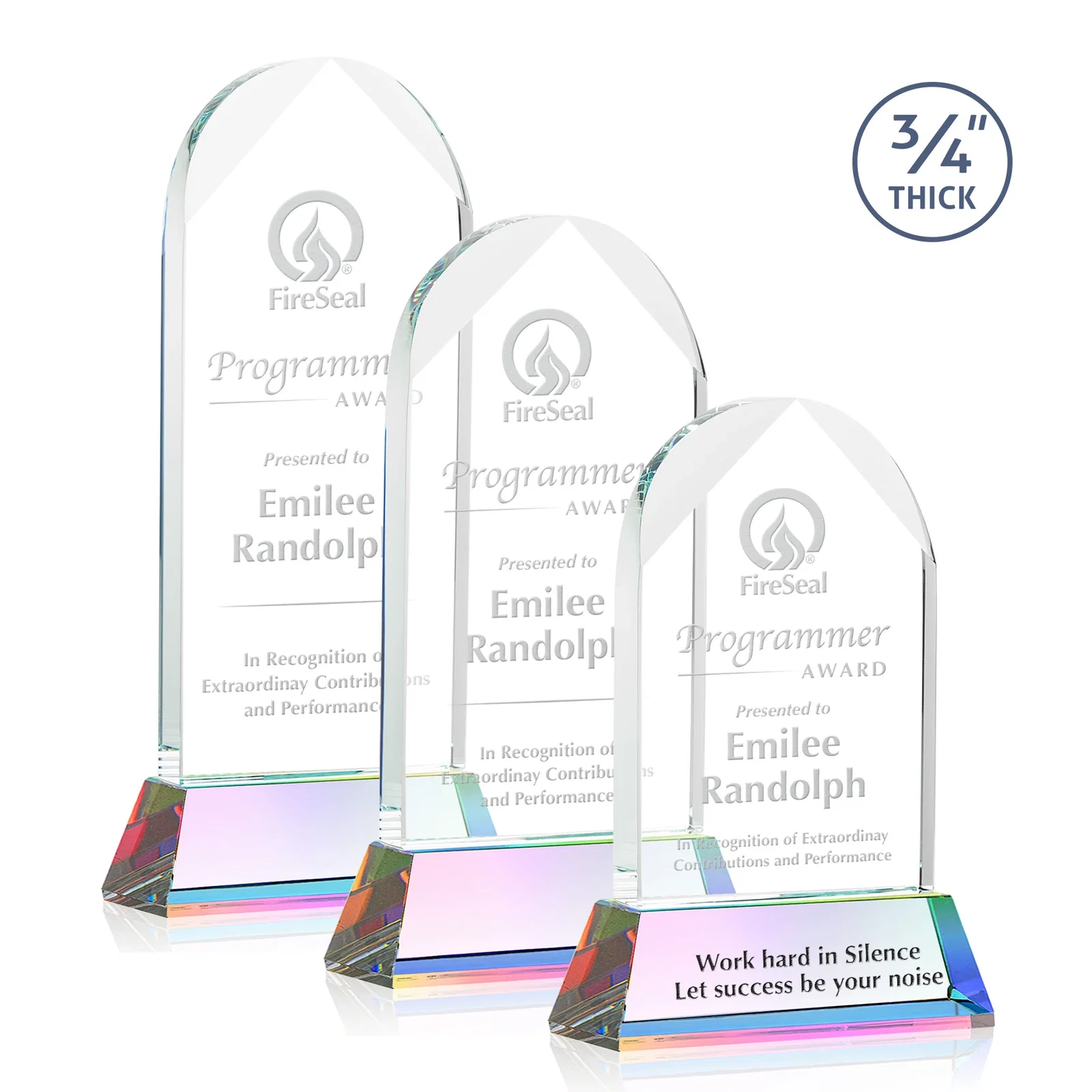 Customized Starfire Crystal Arch Award, Tall Tapered Base, Prismatic Finish, awards for retirement presentations