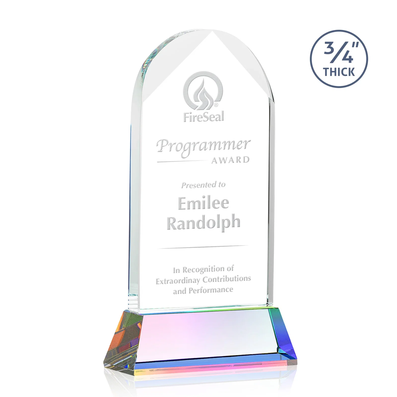Customized Starfire Crystal Arch Award, Tall Tapered Base, Prismatic Finish, awards for donor appreciation