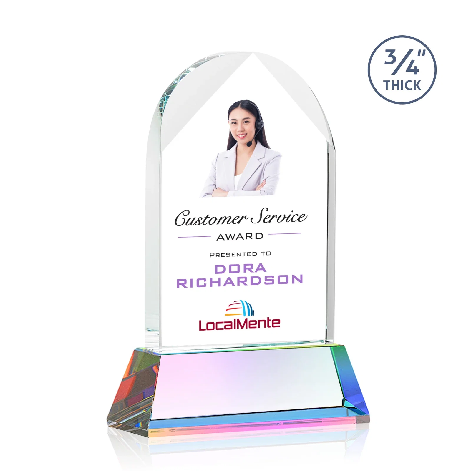 Customized Starfire Crystal Arch Award, Tall Tapered Base, Prismatic Finish, awards for volunteer appreciation