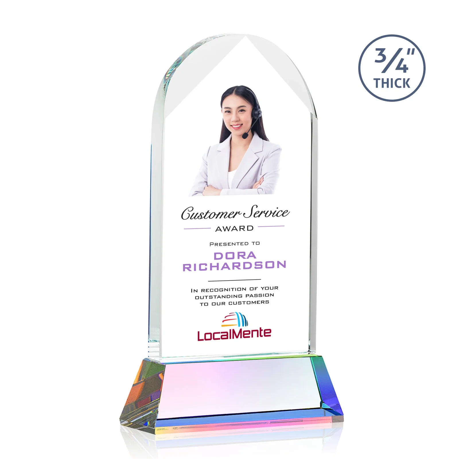 Customized Starfire Crystal Arch Award, Tall Tapered Base, Prismatic Finish, awards for dealer and partner awards