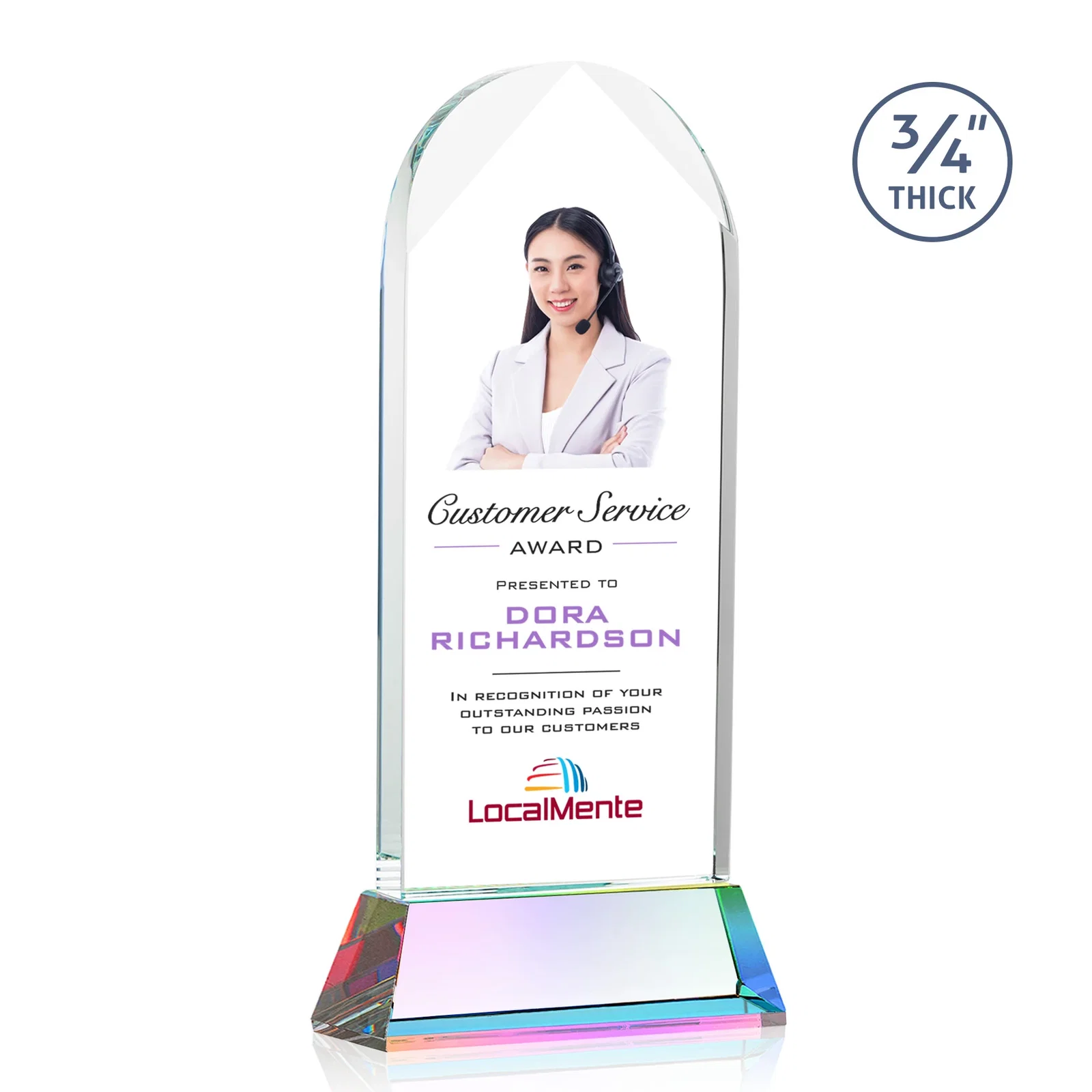 Customized Starfire Crystal Arch Award, Tall Tapered Base, Prismatic Finish, awards for company anniversary events