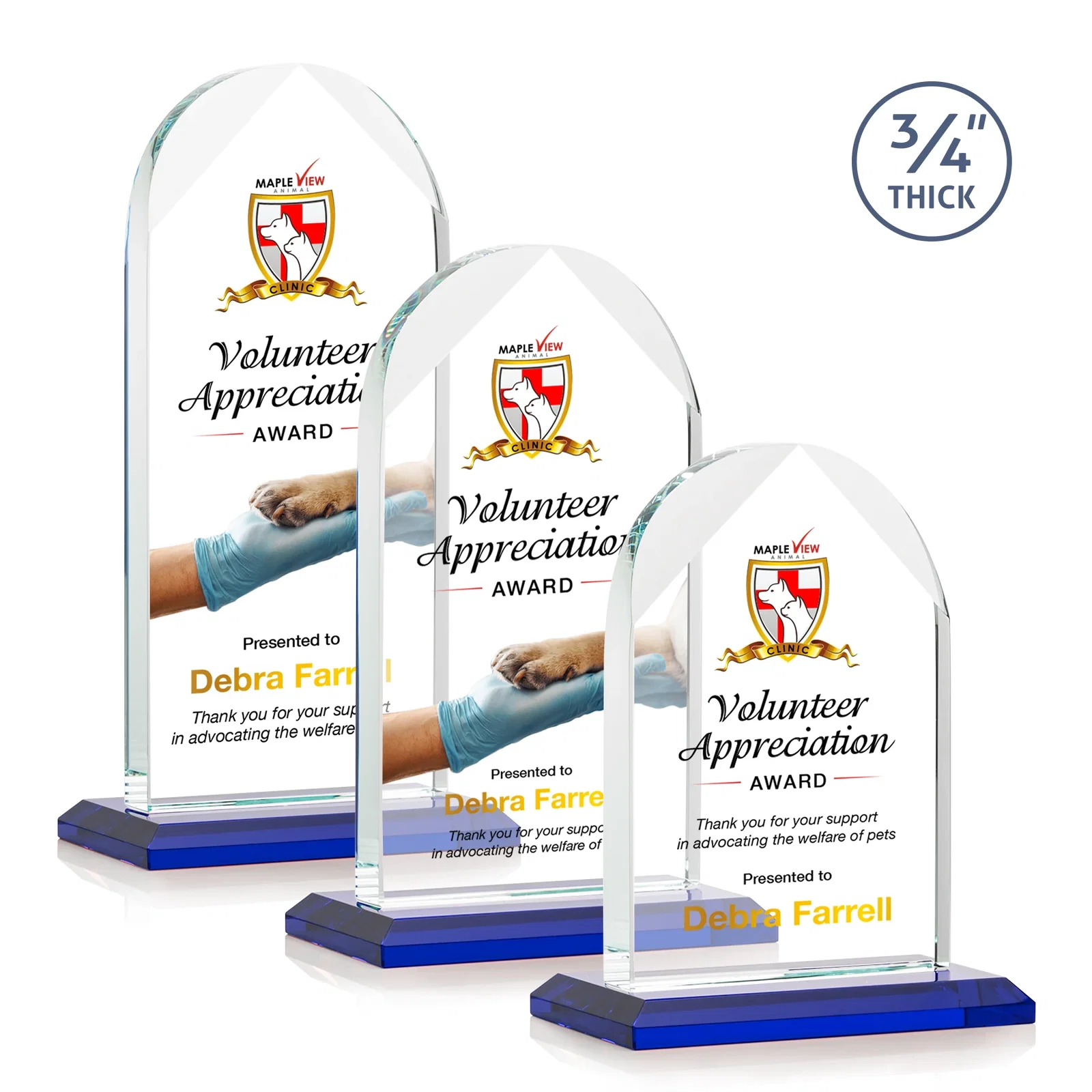 Custom printed Starfire Crystal Arch Award on Mitered Base, awards for employee recognition