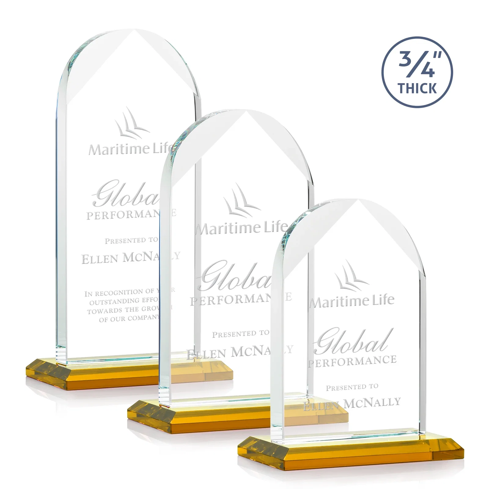 Custom Starfire Crystal Arch Award on Mitered Base, awards for retirement presentations