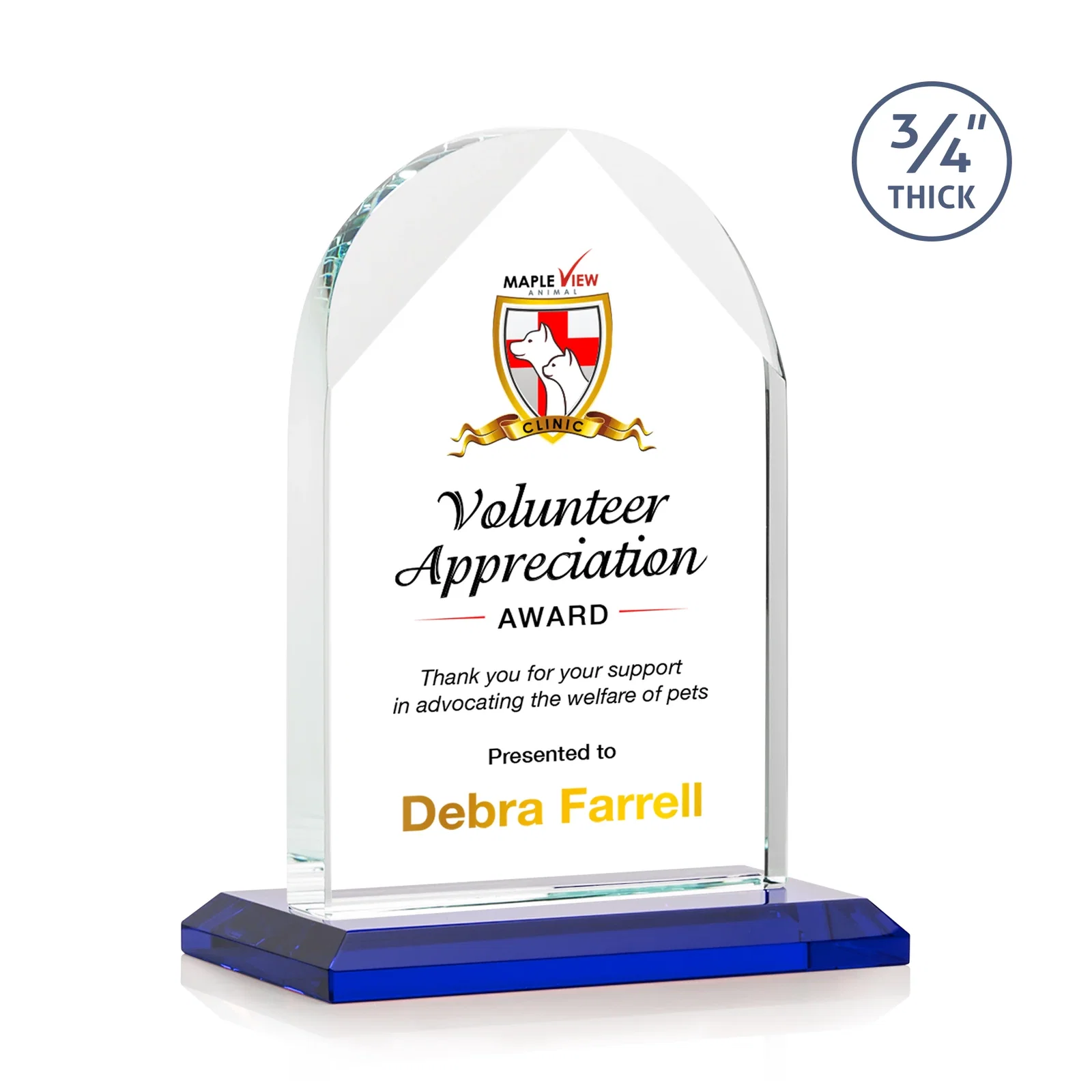 Custom printed Starfire Crystal Arch Award on Mitered Base, awards for corporate award ceremonies