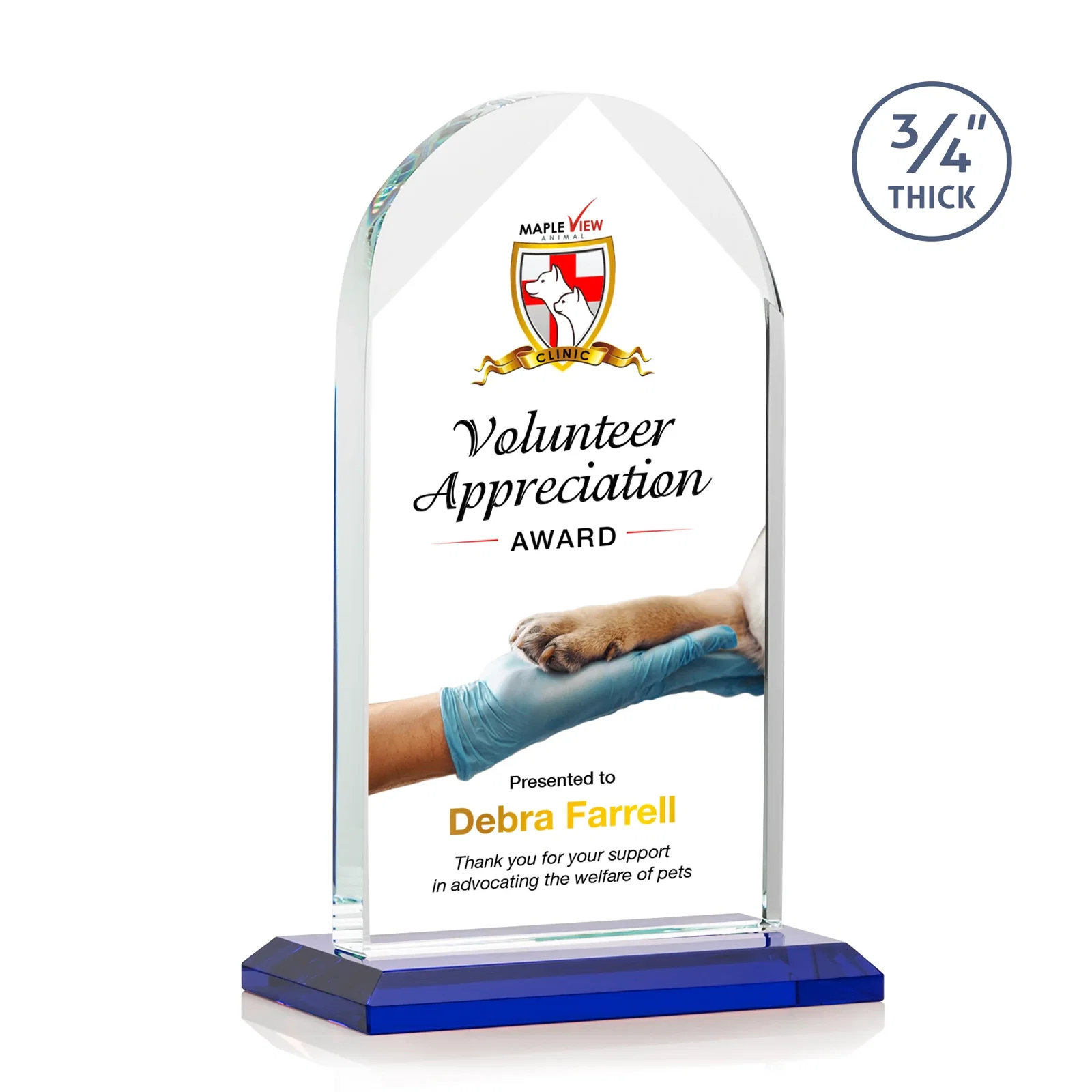 Custom printed Starfire Crystal Arch Award on Mitered Base, awards for service anniversary gifts