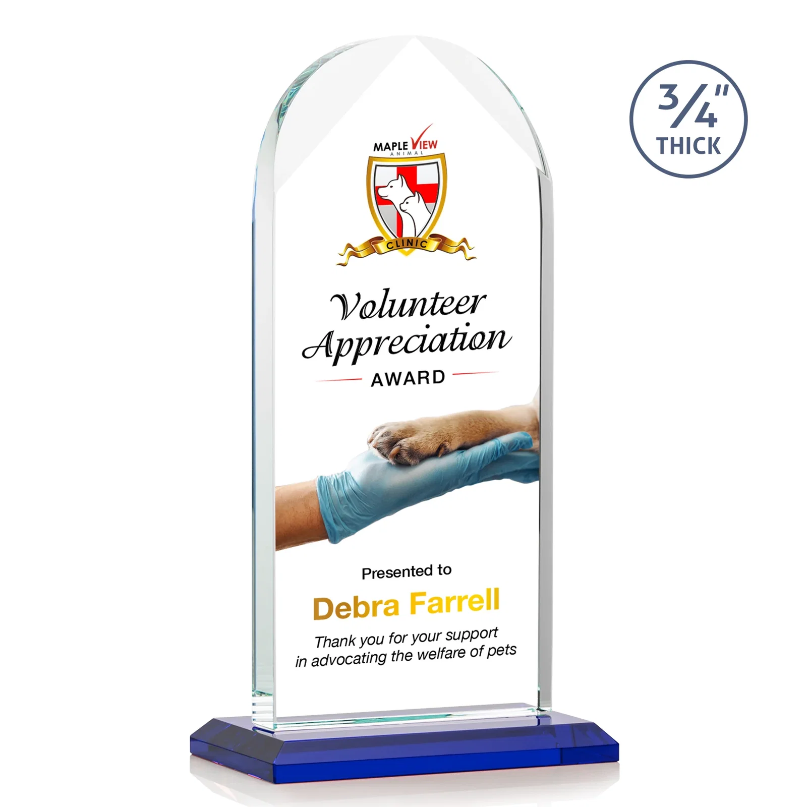 Custom printed Starfire Crystal Arch Award on Mitered Base, awards for sales achievement awards