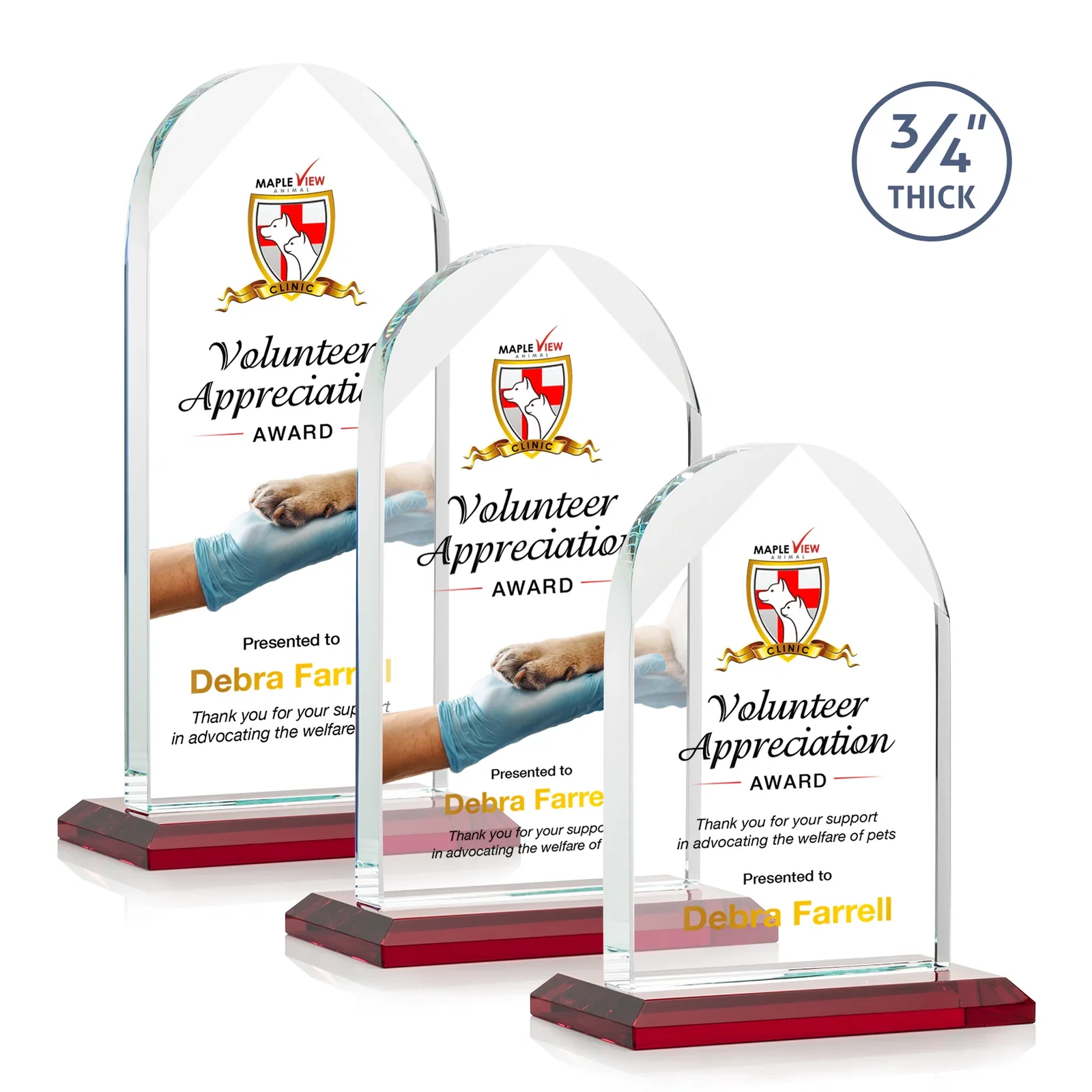 Custom printed Starfire Crystal Arch Award on Mitered Base, awards for retirement presentations