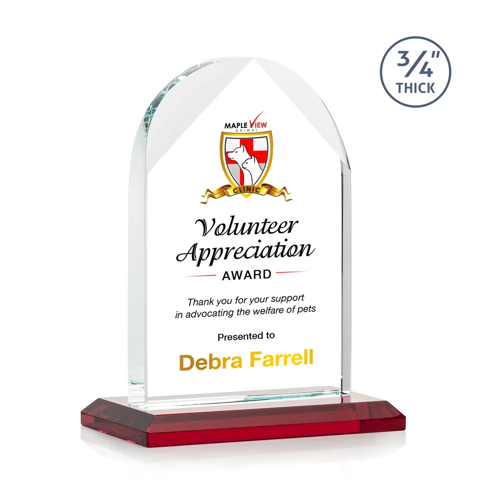 Custom printed Starfire Crystal Arch Award on Mitered Base, awards for team milestone celebrations