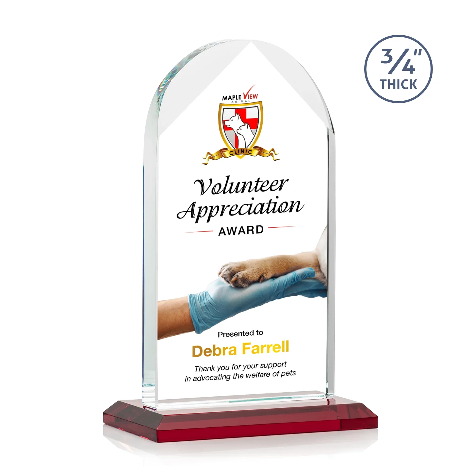 Custom printed Starfire Crystal Arch Award on Mitered Base, awards for donor appreciation