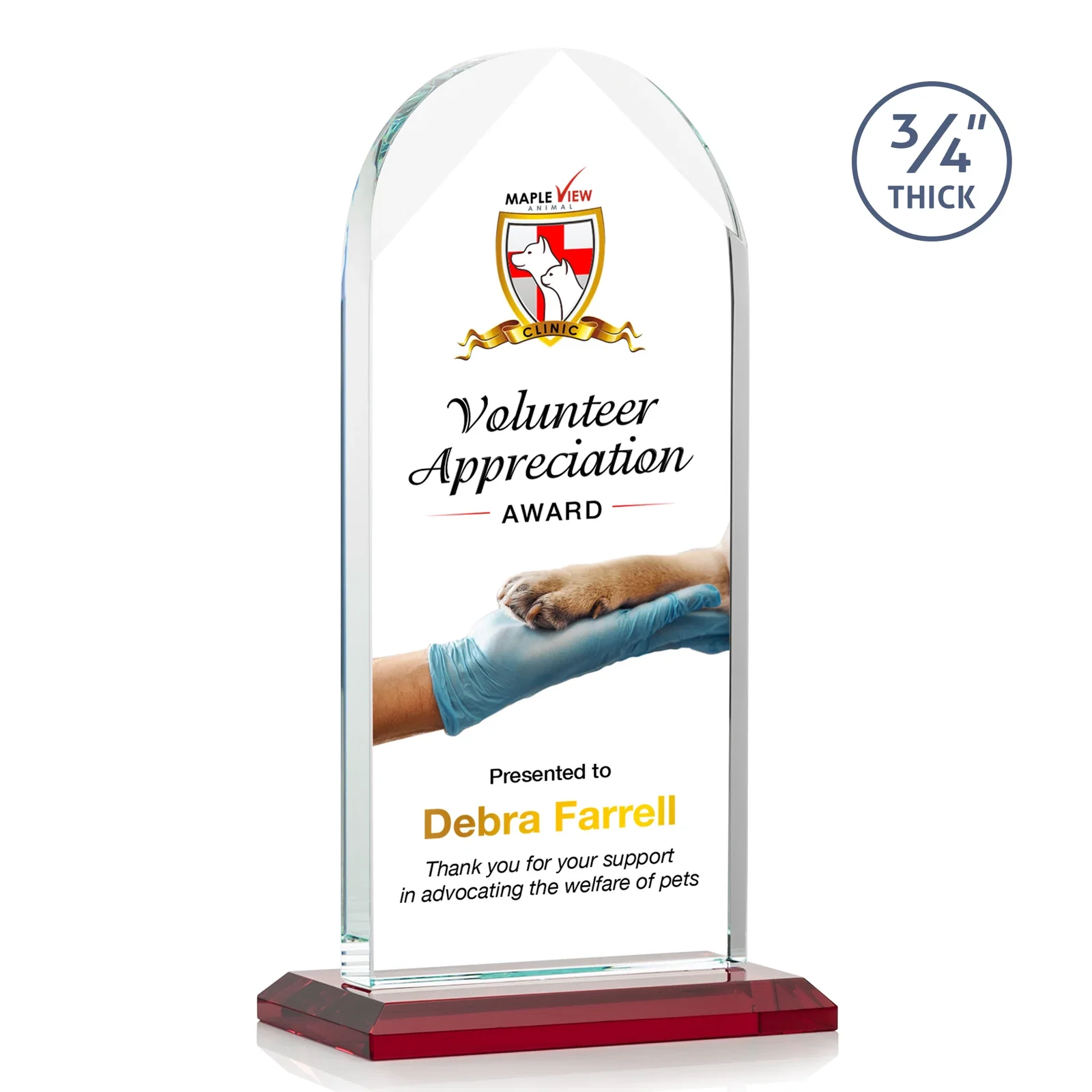 Custom printed Starfire Crystal Arch Award on Mitered Base, awards for graduation ceremonies