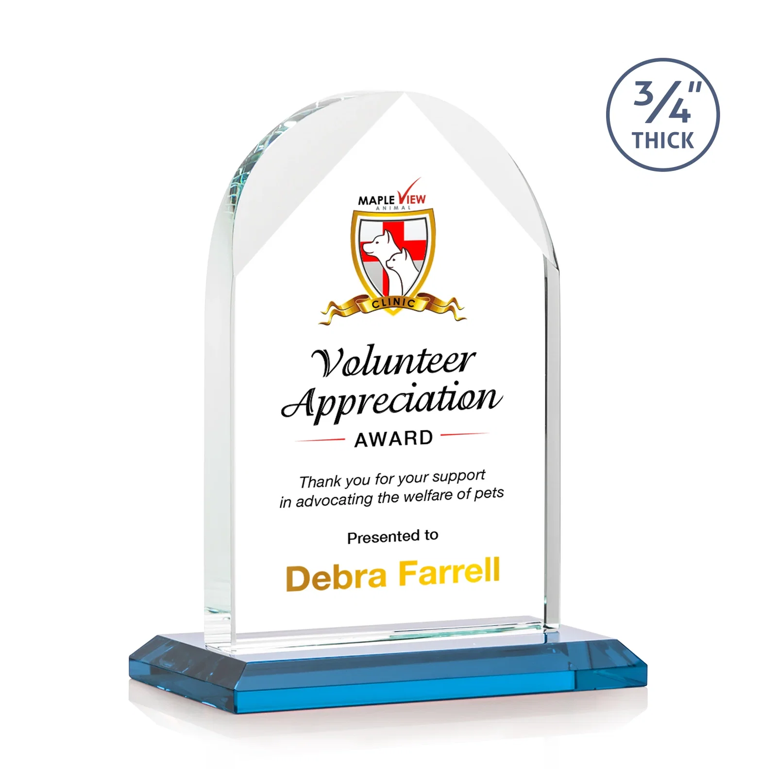 Custom printed Starfire Crystal Arch Award on Mitered Base, awards for volunteer appreciation