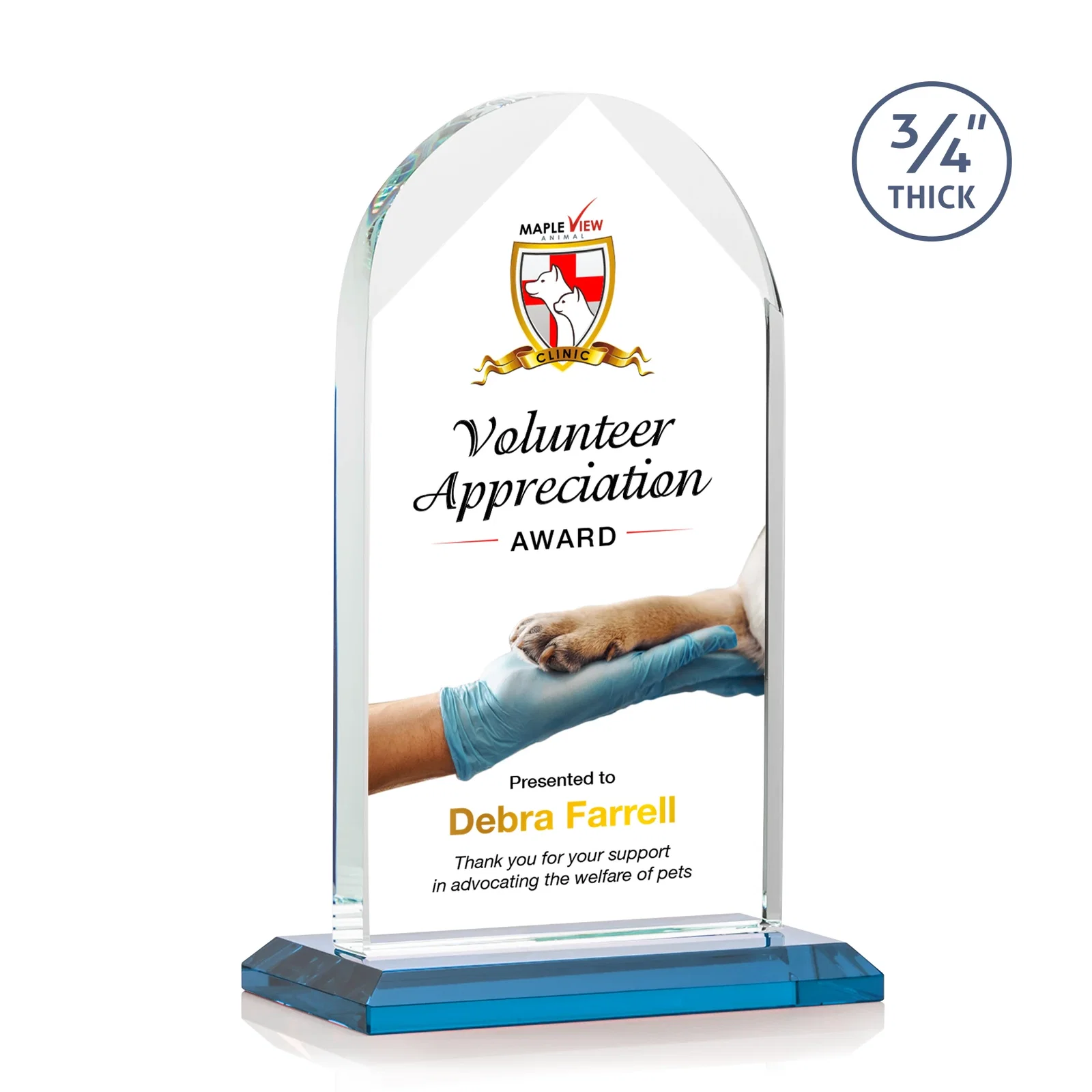 Custom printed Starfire Crystal Arch Award on Mitered Base, awards for dealer and partner awards