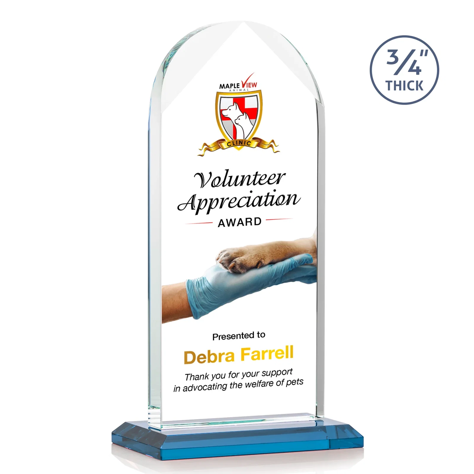 Custom printed Starfire Crystal Arch Award on Mitered Base, awards for company anniversary events