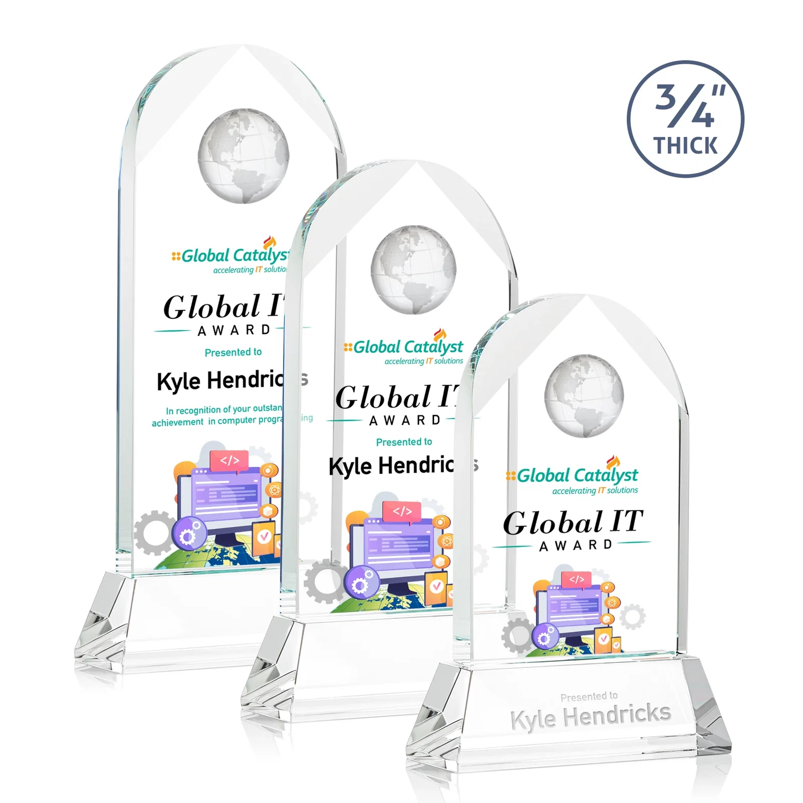 Custom Starfire Crystal Arch Award Topped With an Optical Crystal Globe for employee recognition