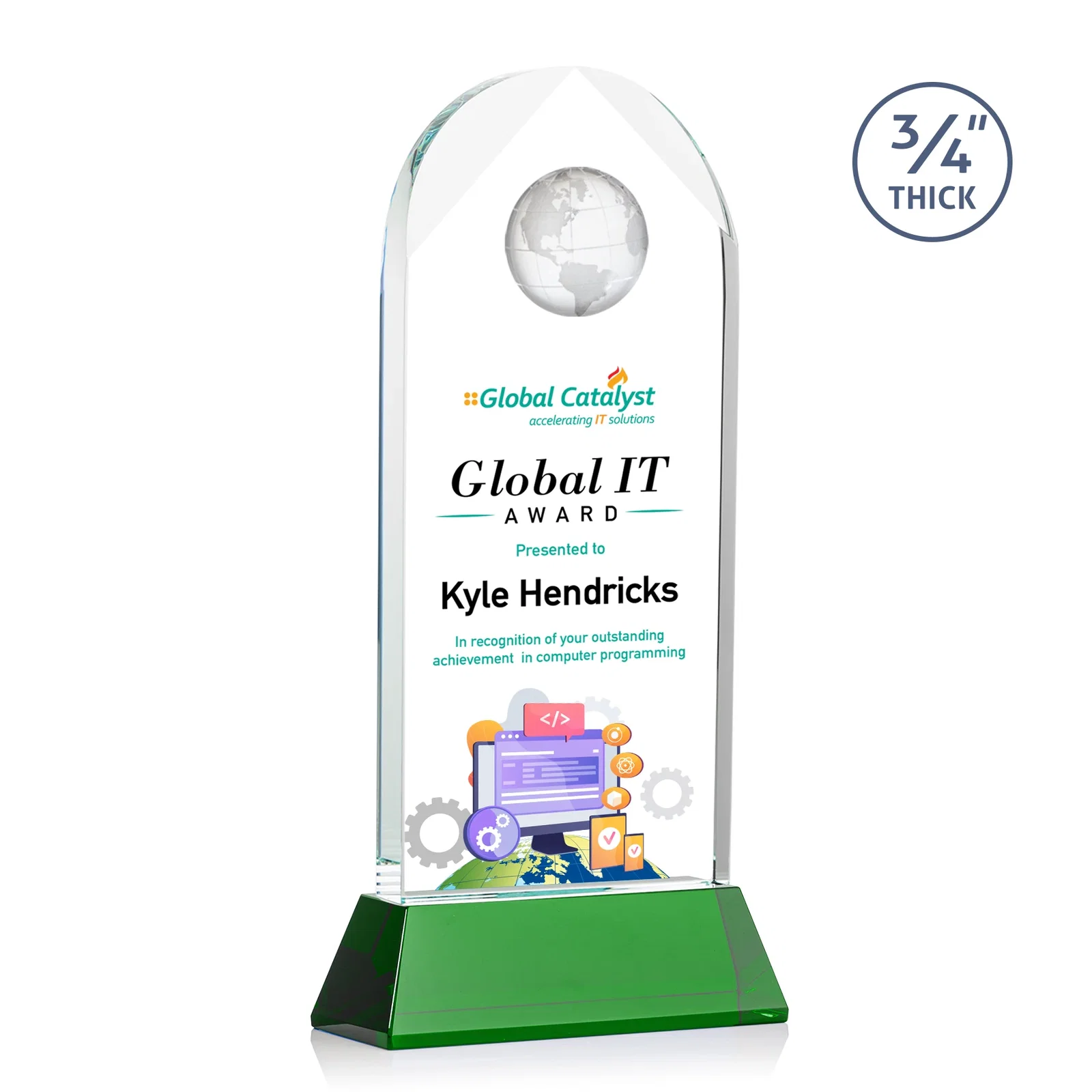 Custom Starfire Crystal Arch Award Topped With an Optical Crystal Globe for volunteer appreciation