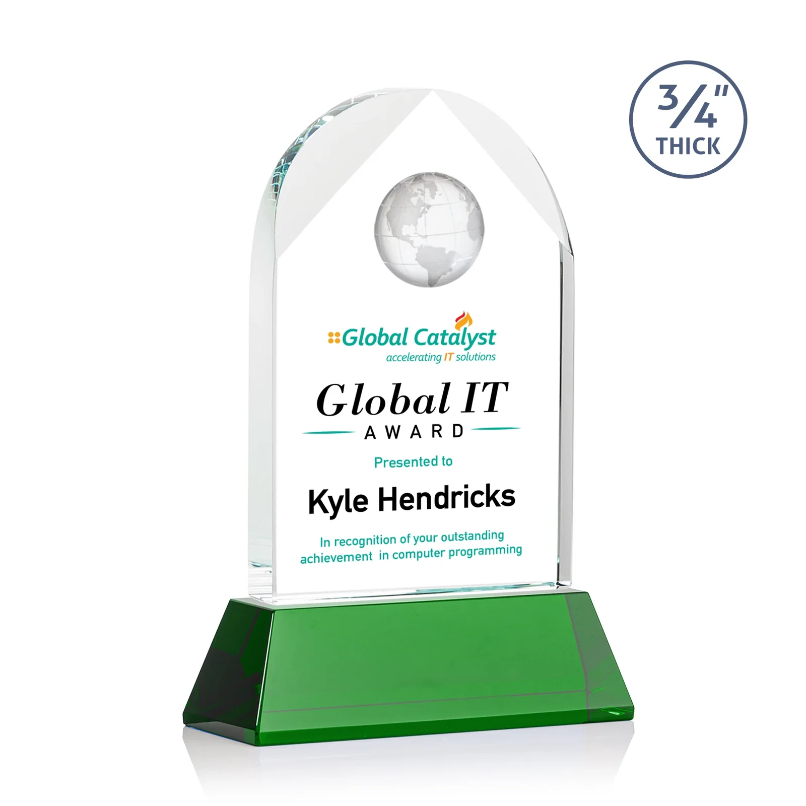 Custom Starfire Crystal Arch Award Topped With an Optical Crystal Globe for dealer and partner awards