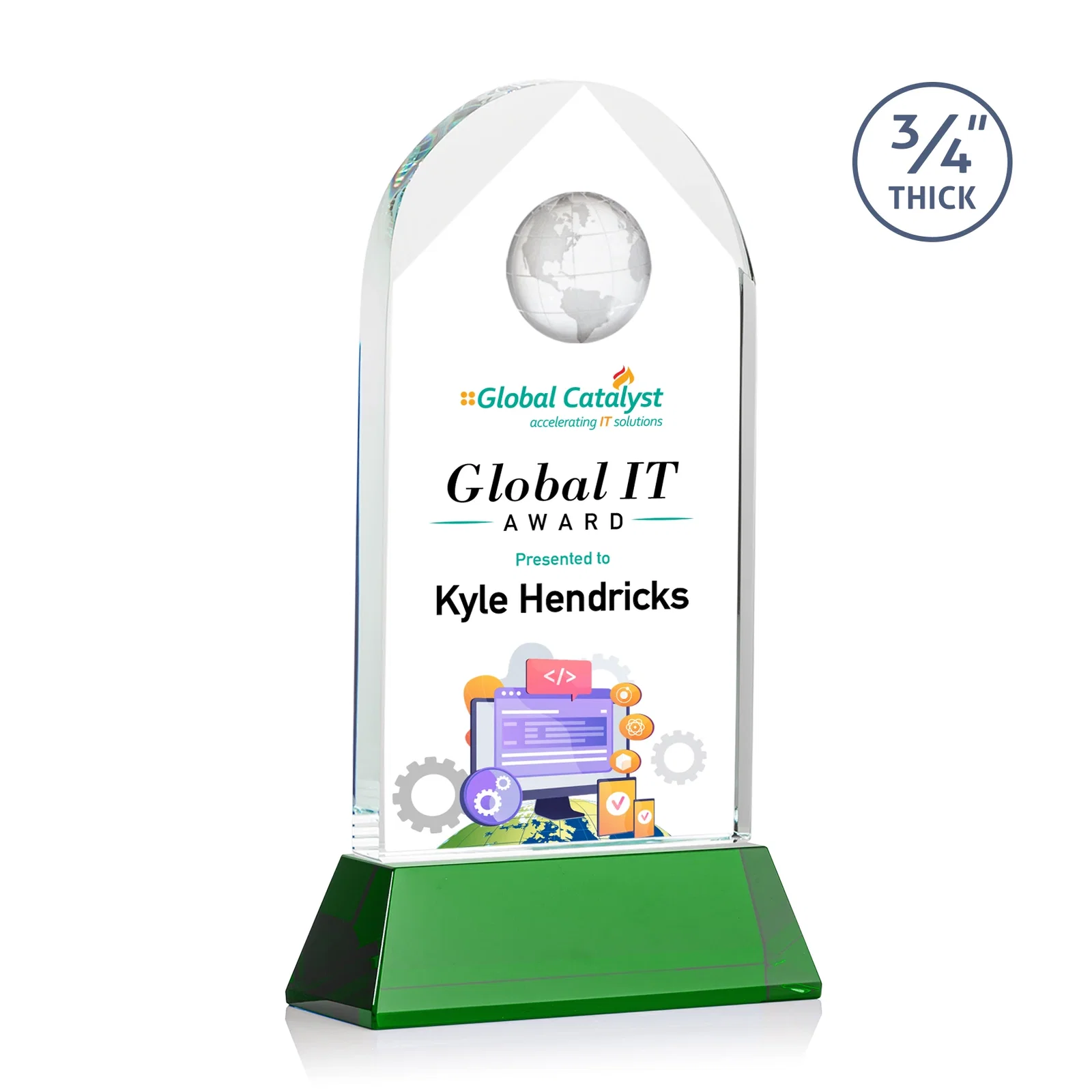 Custom Starfire Crystal Arch Award Topped With an Optical Crystal Globe for company anniversary events