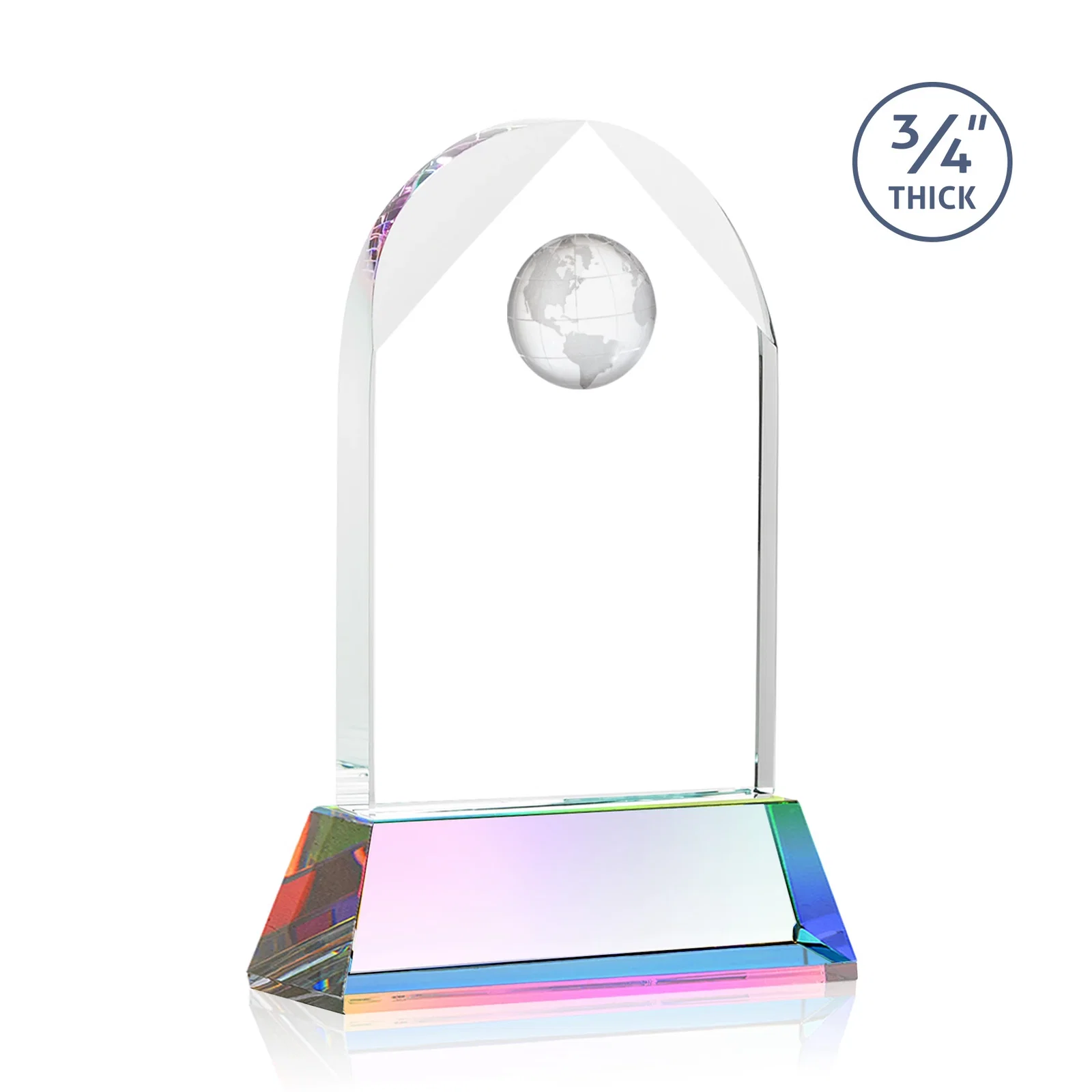 Personalized Starfire Crystal Arch Award Topped With an Optical Crystal Globe, with your logo for employee recognition