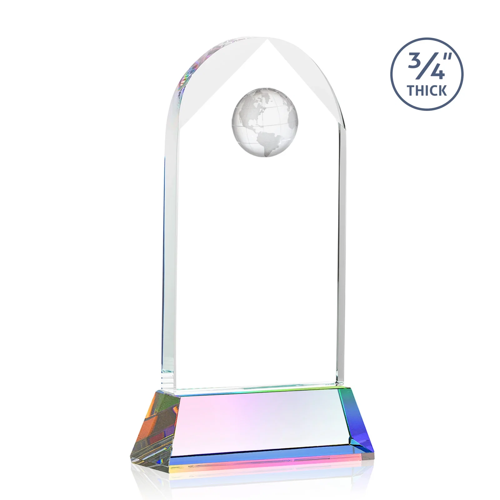 Personalized Starfire Crystal Arch Award Topped With an Optical Crystal Globe, with your logo for corporate award ceremonies