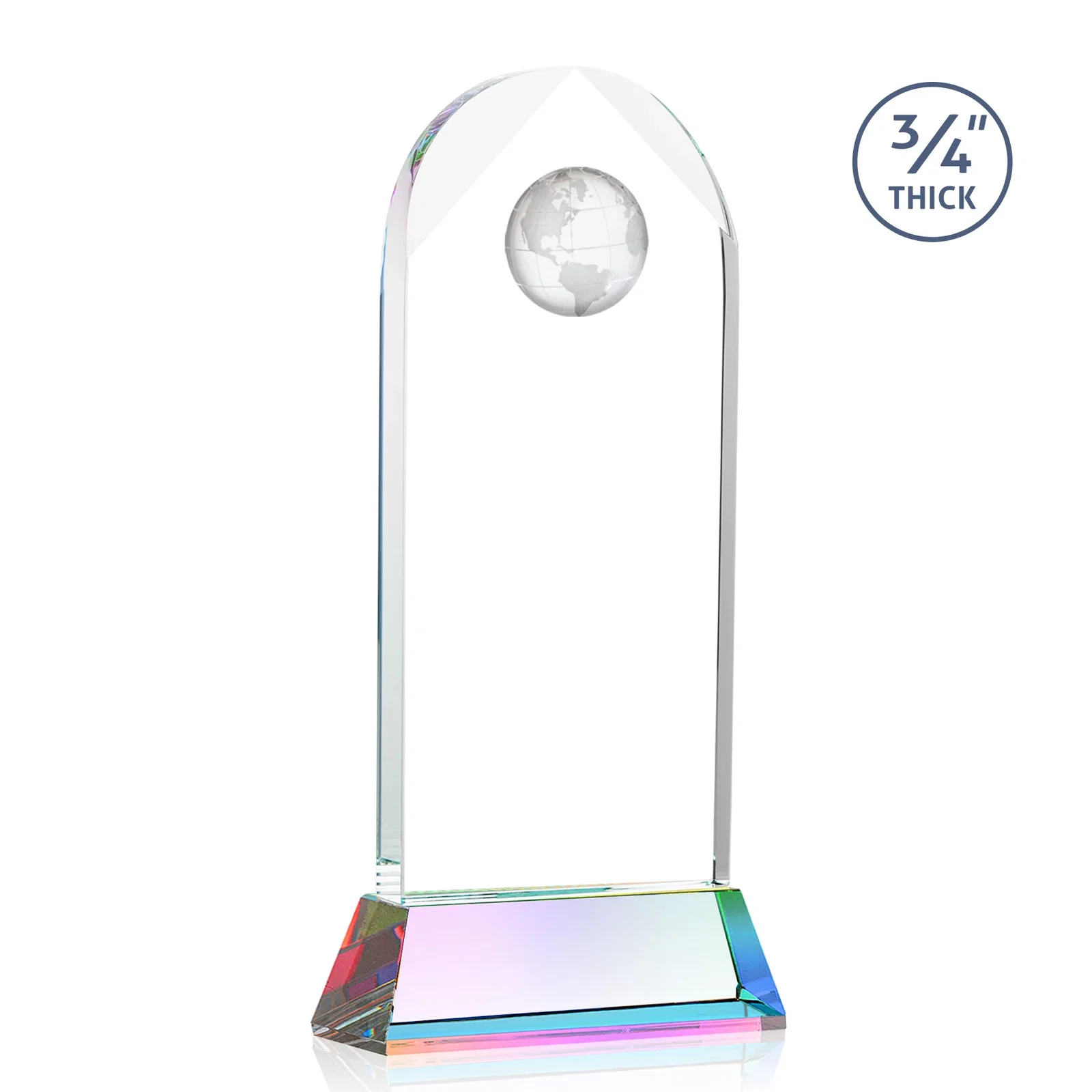 Personalized Starfire Crystal Arch Award Topped With an Optical Crystal Globe, with your logo for service anniversary gifts