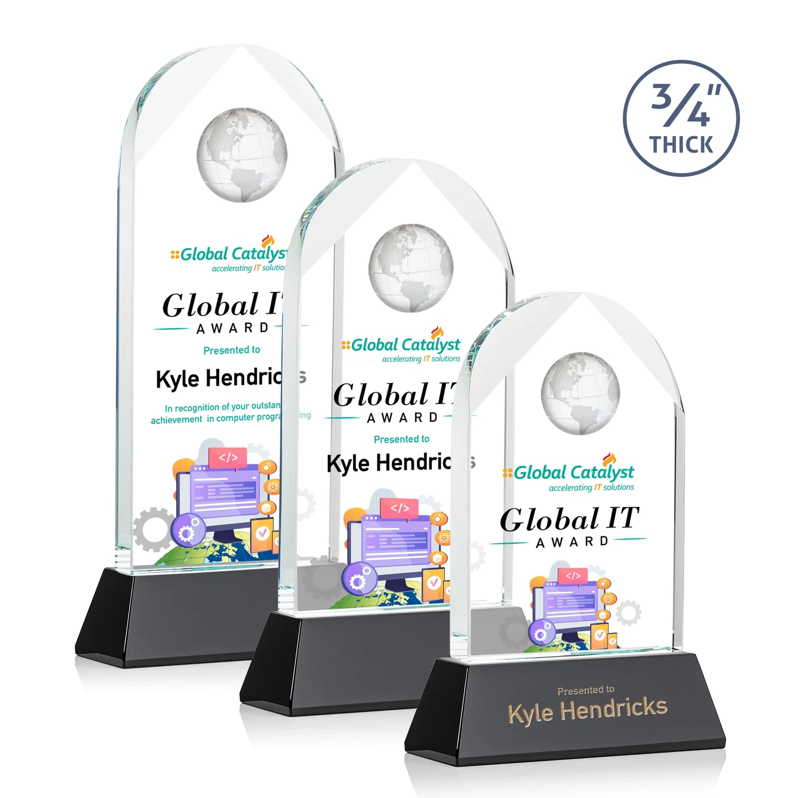 Personalized Starfire Crystal Arch Award Topped With an Optical Crystal Globe for employee recognition