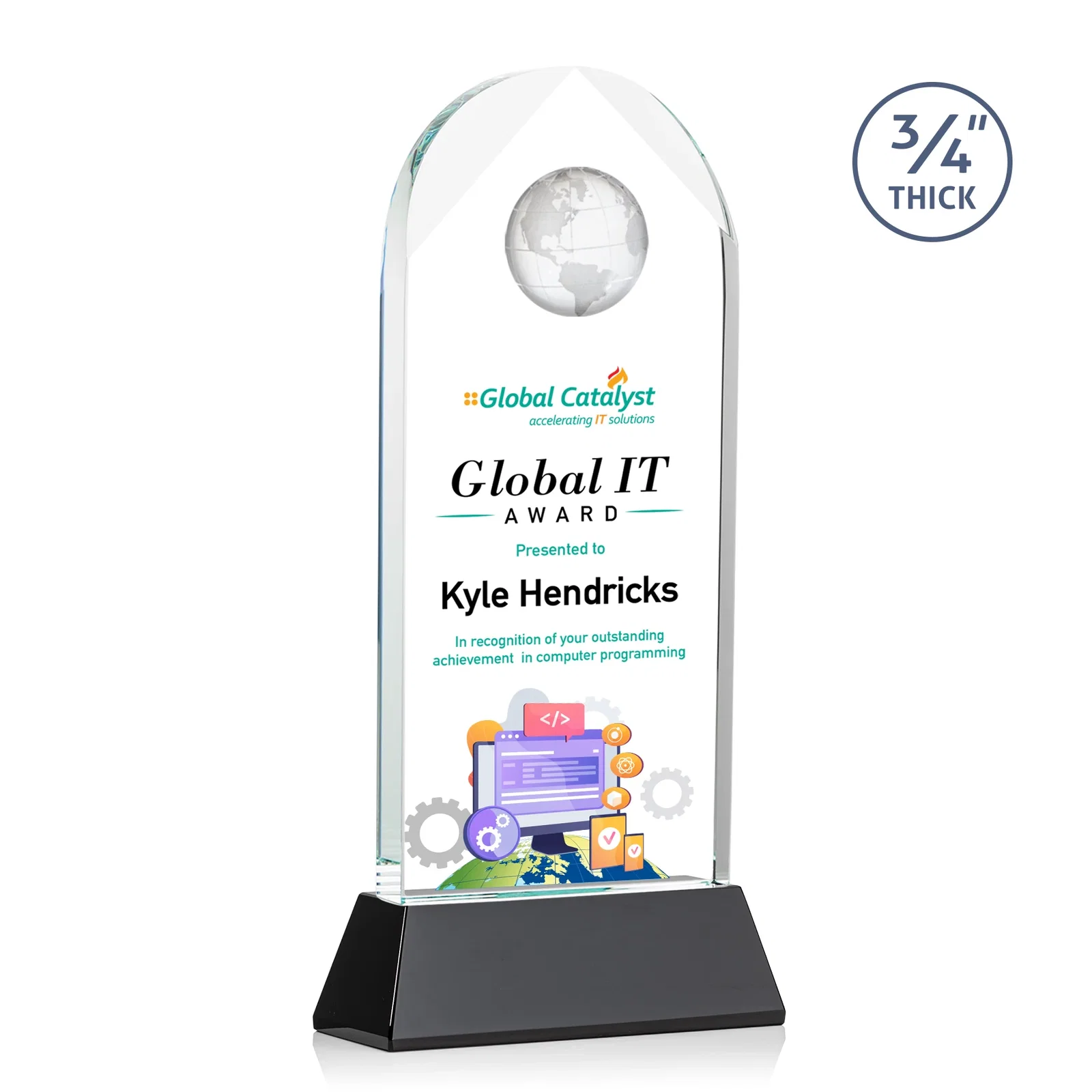 Personalized Starfire Crystal Arch Award Topped With an Optical Crystal Globe for corporate award ceremonies