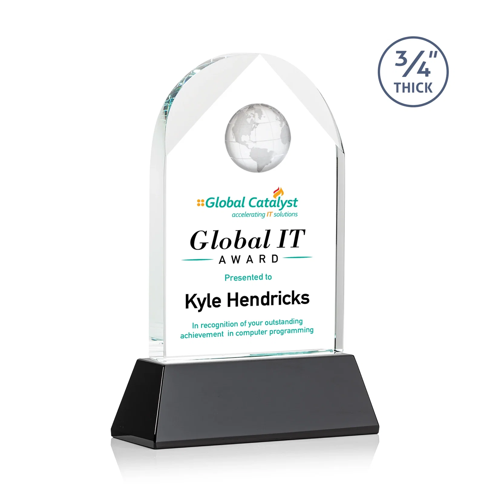 Personalized Starfire Crystal Arch Award Topped With an Optical Crystal Globe for service anniversary gifts