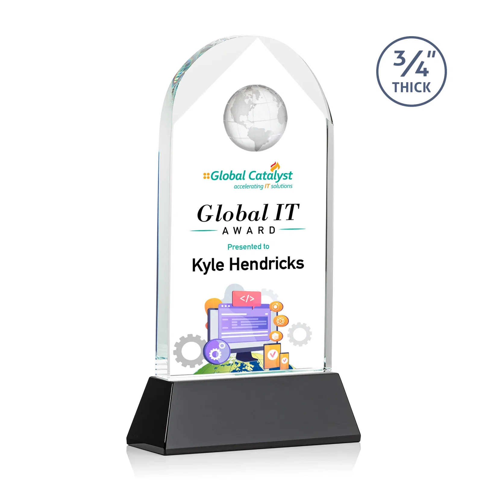Personalized Starfire Crystal Arch Award Topped With an Optical Crystal Globe for sales achievement awards