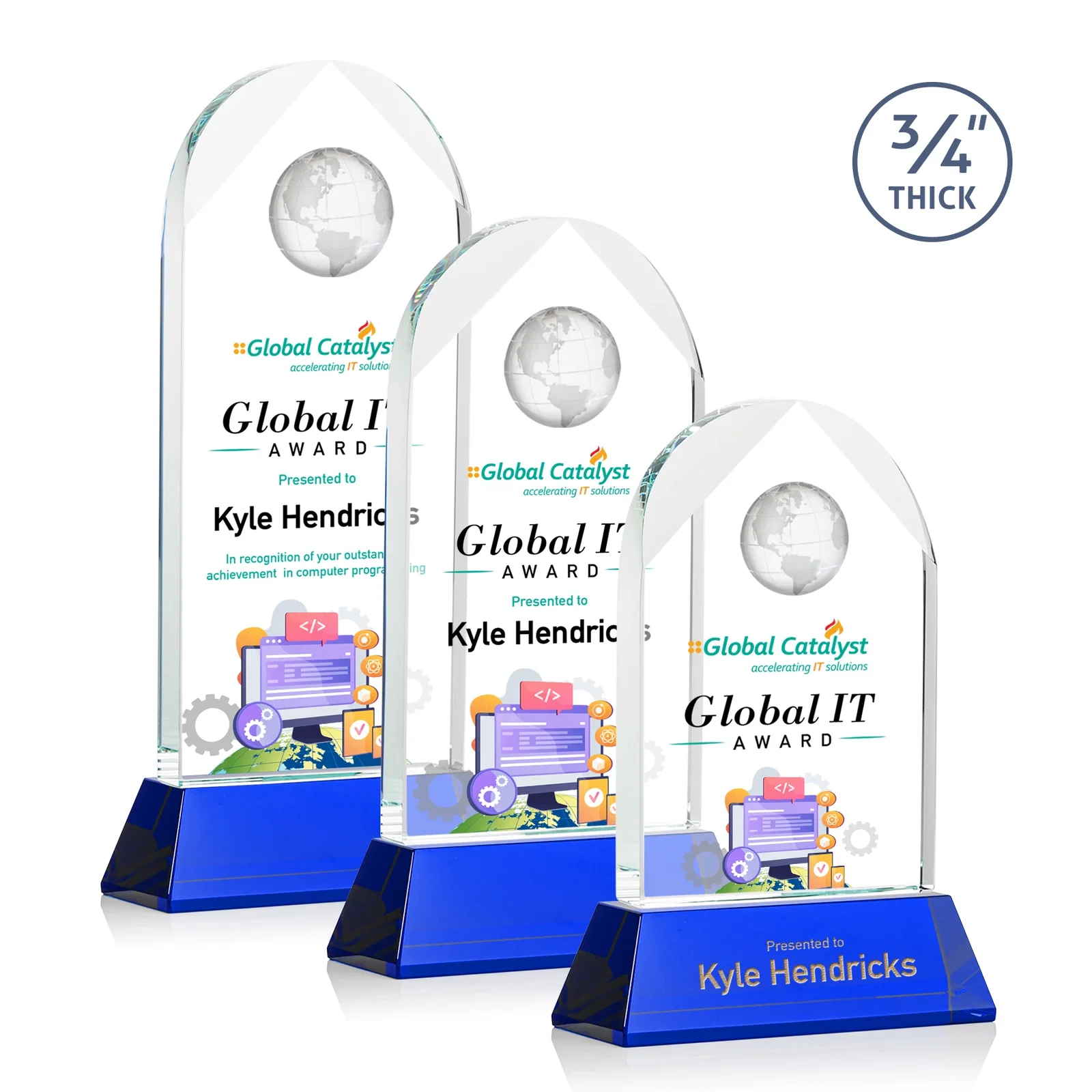 Personalized Starfire Crystal Arch Award Topped With an Optical Crystal Globe for retirement presentations